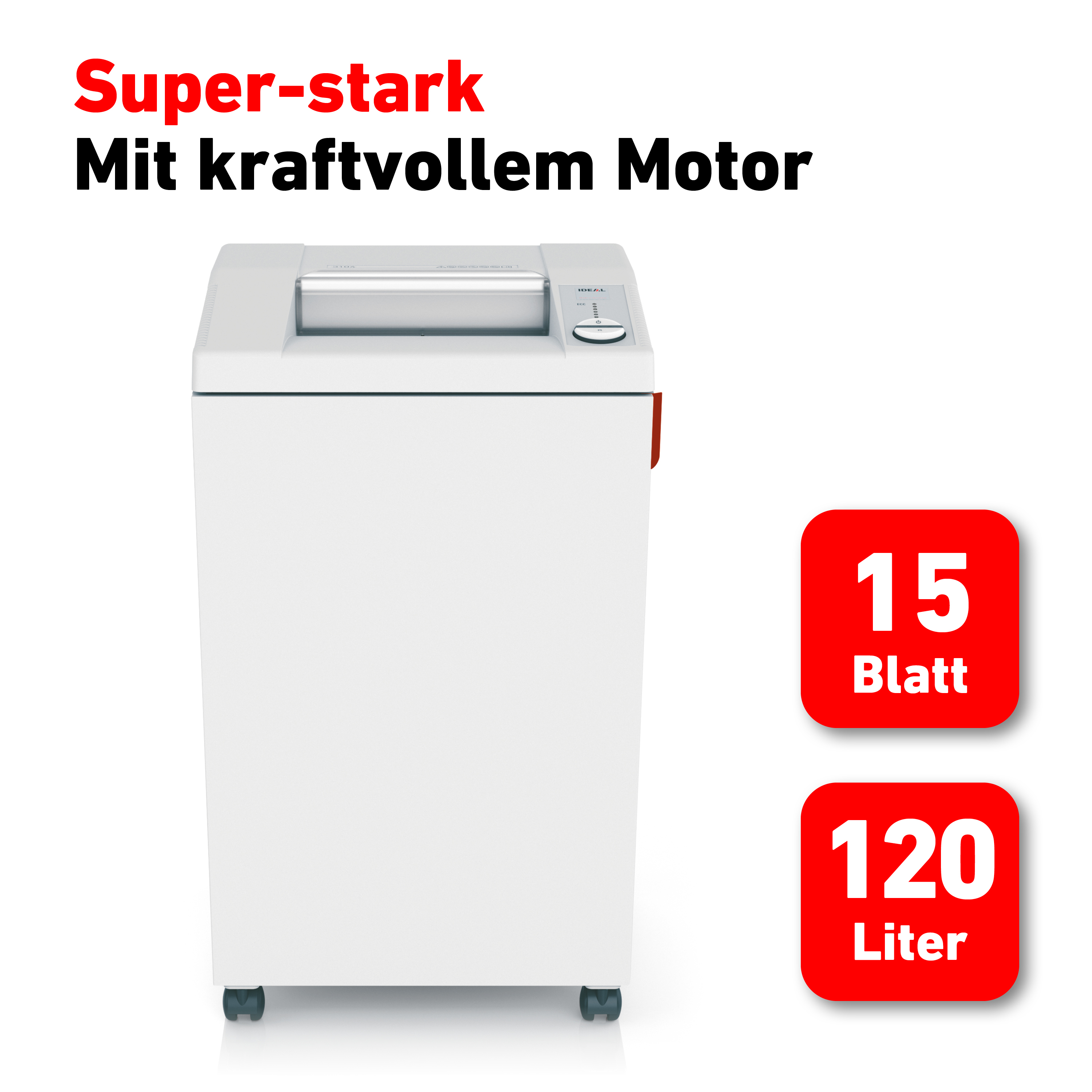 Weißer Aktenvernichter mit Text "Super-stark, Mit kraftvollem Motor" und roten Kästchen mit Zahlen.