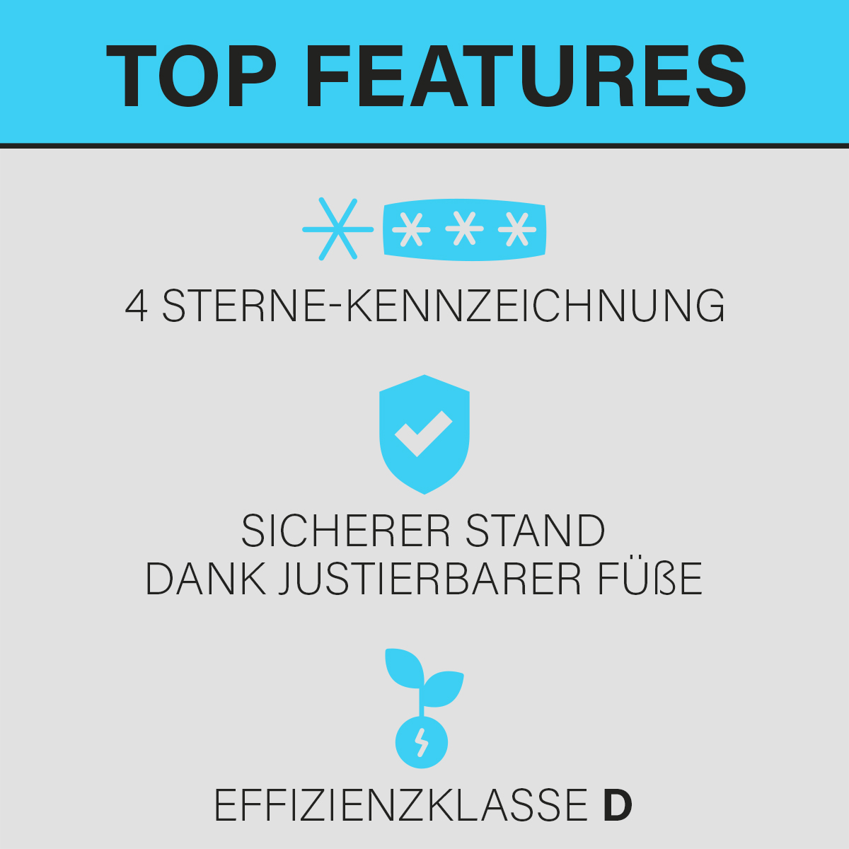 Text mit Merkmalen: 4 Sterne, sicherer Stand, verstellbare Füße, Energieeffizienzklasse D.