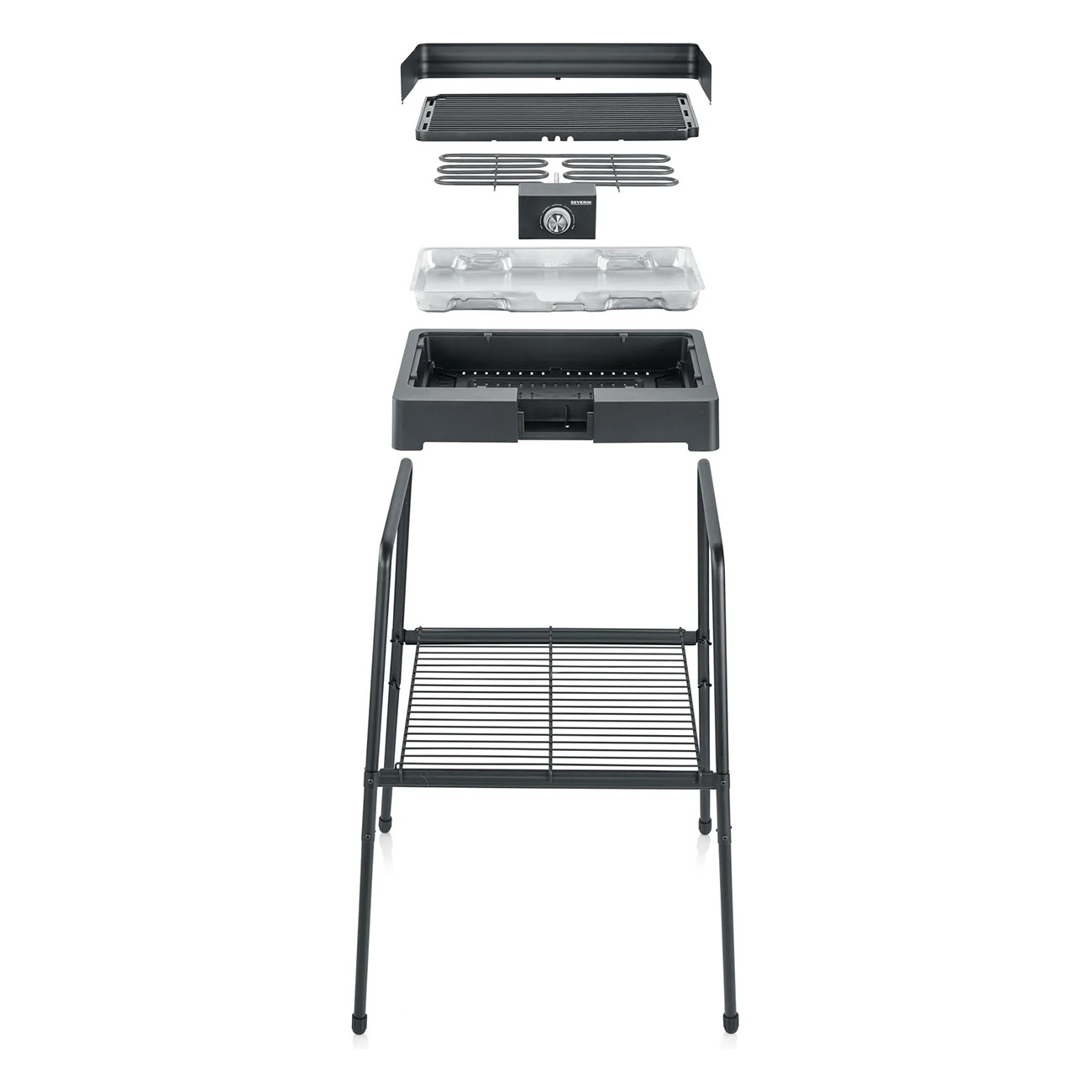 Zerlegter Elektrogrill mit Teilen: Rost, Heizelement, Tropfschale, Ständer.