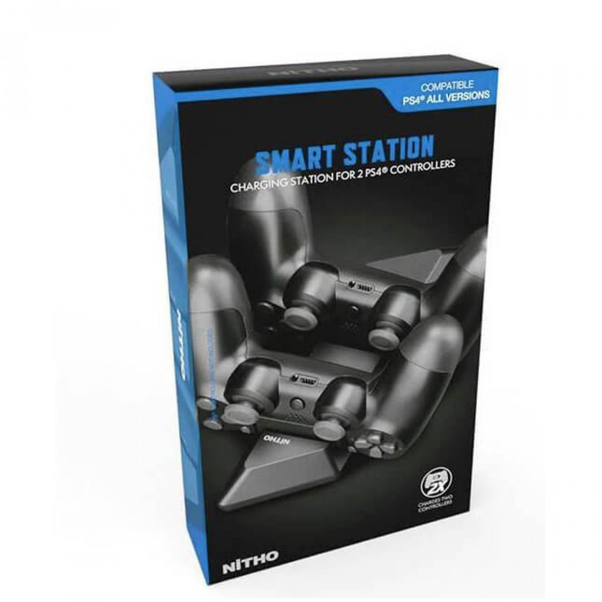 Eine Schachtel einer Smart-Station für PS4-Controller, mit einem Bild von Controllern darauf.