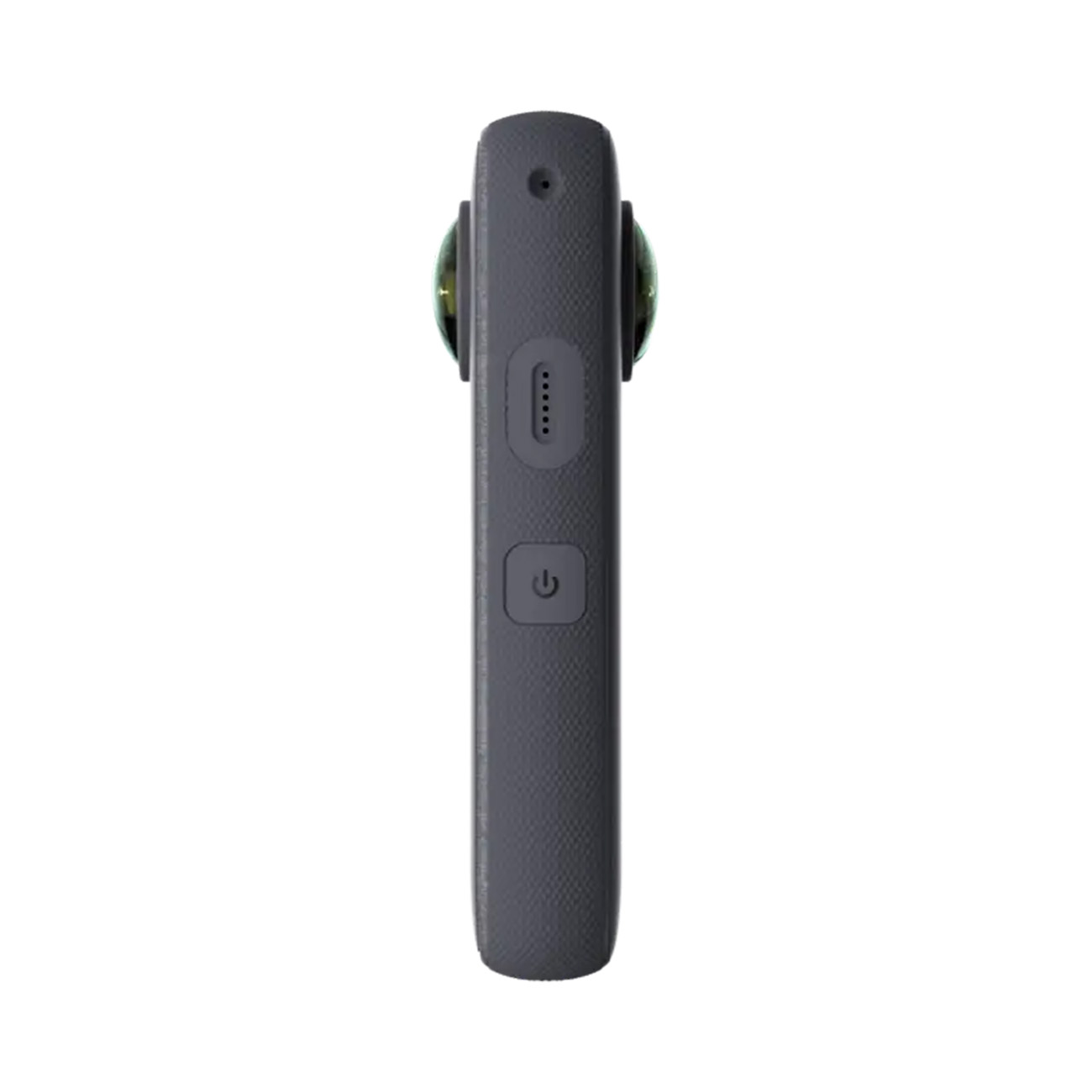 Fotocamera grigio scuro a 360 gradi con controlli e lenti.