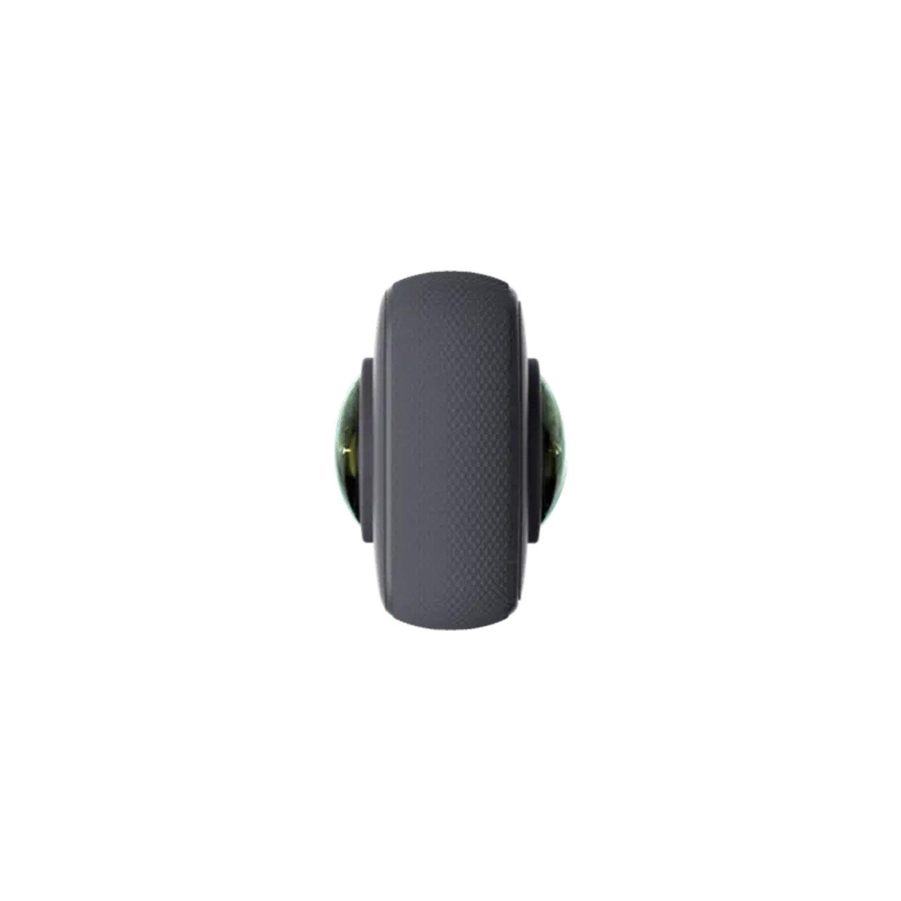 Una piccola fotocamera grigia a 360 gradi, rotonda, con lenti verdi, su bianco.