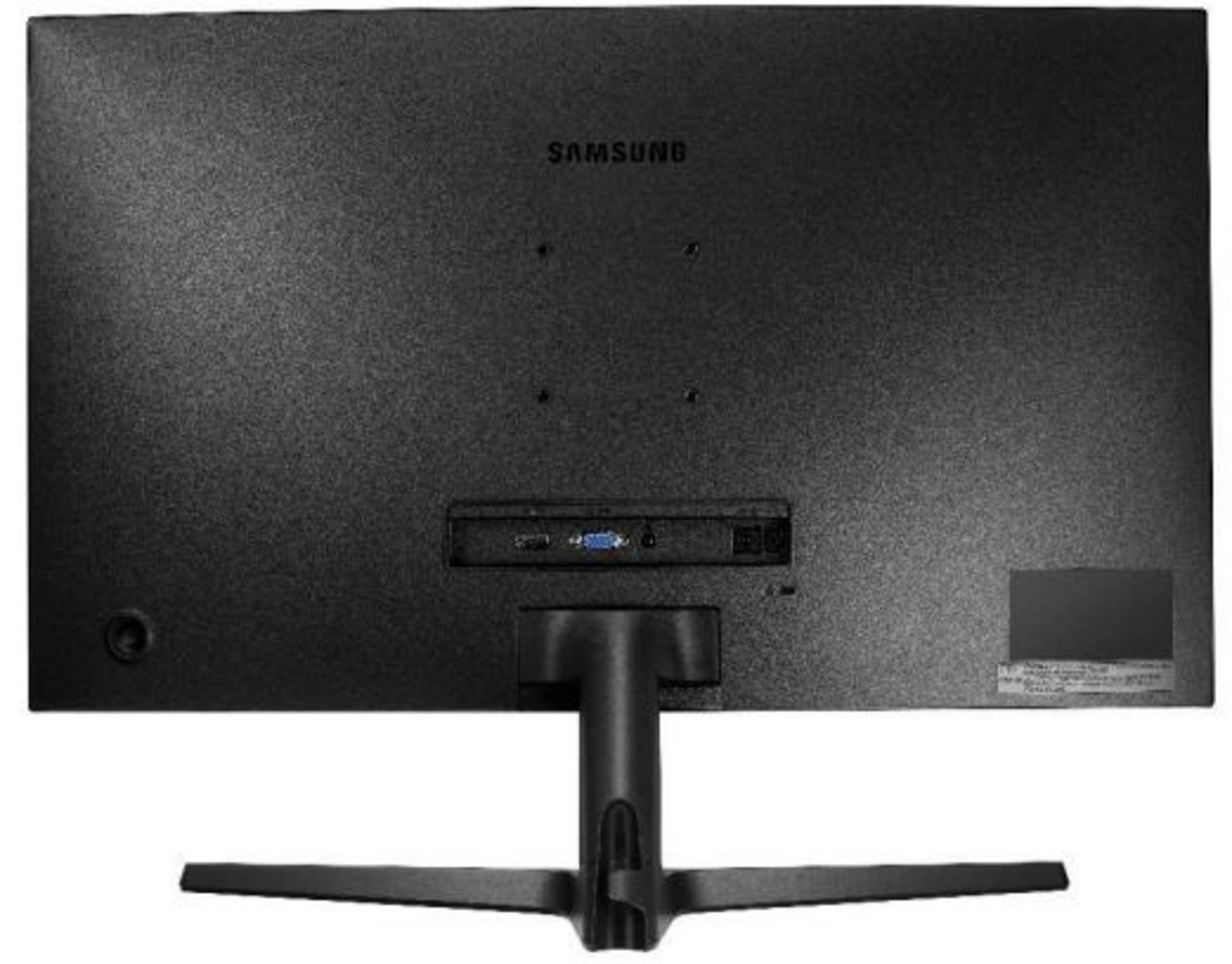 Monitor per computer nero. Logo SAMSUNG visibile. Vista posteriore.