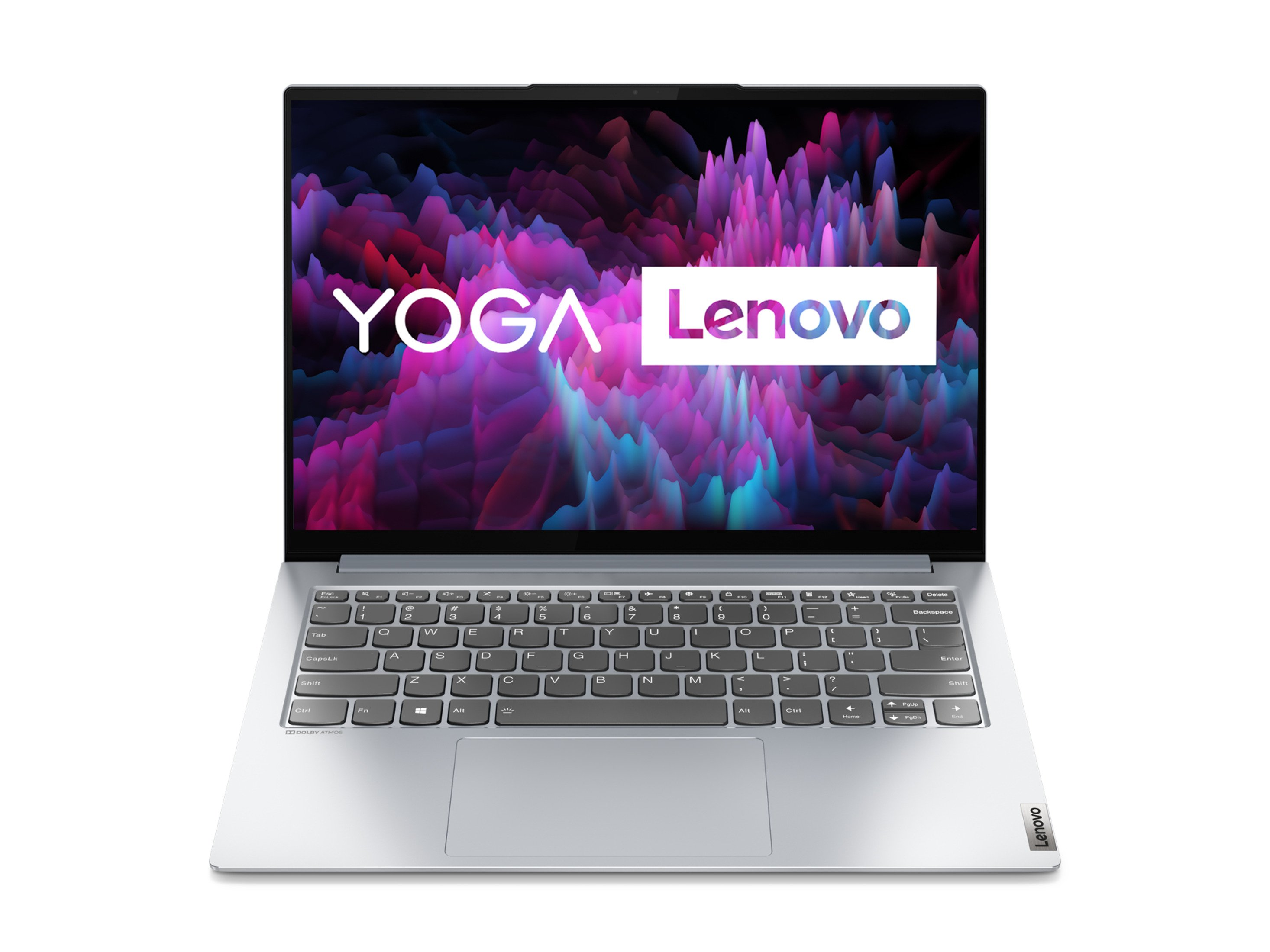 Silberner Laptop mit buntem, abstrakten Hintergrund auf dem Bildschirm. Lenovo und YOGA werden angezeigt.