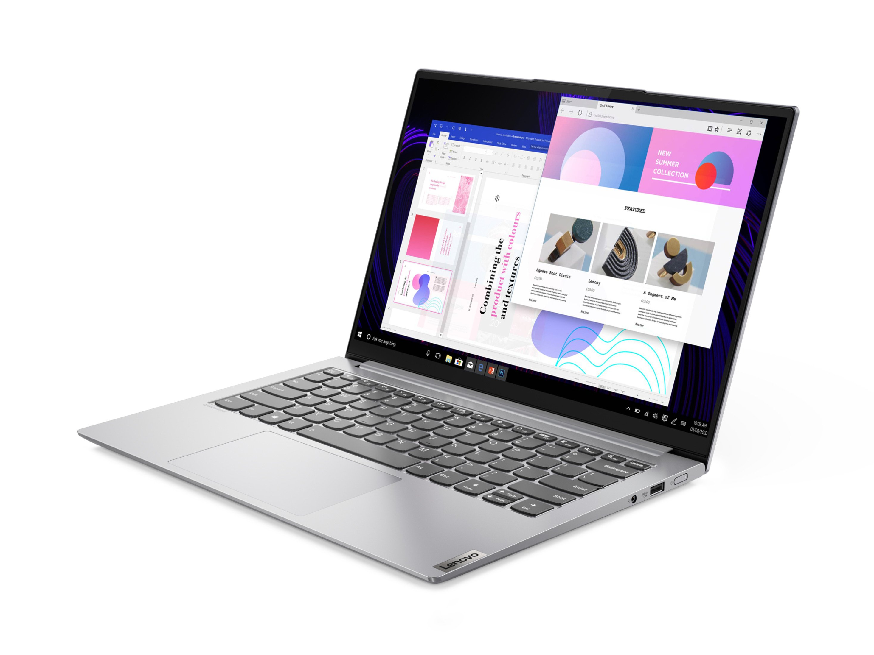 Silberner Lenovo-Laptop, geöffnet auf weißer Oberfläche, mit mehreren Fenstern.