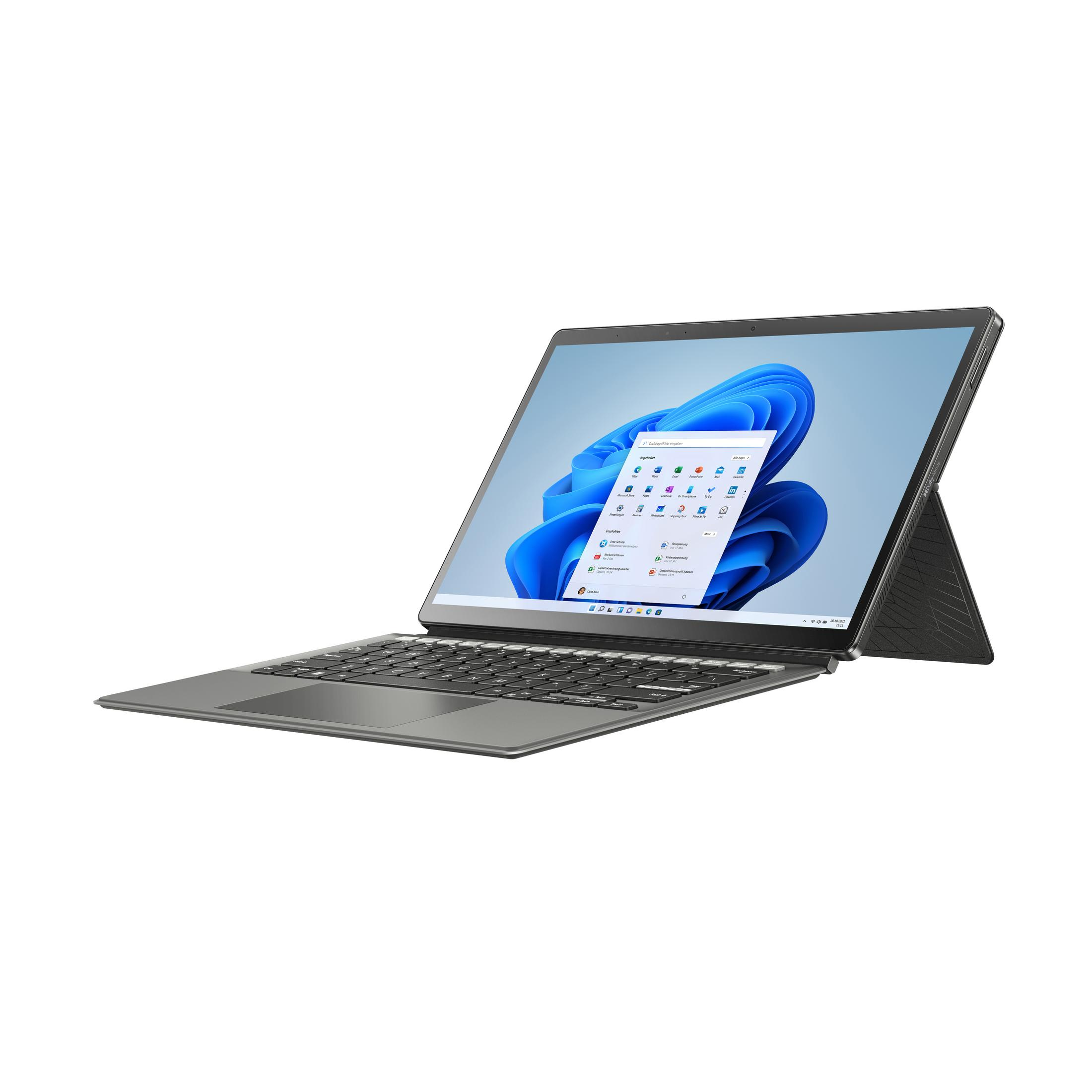Laptop mit geöffnetem Bildschirm, Tastatur angeschlossen. Windows-Oberfläche wird gezeigt. Weißer Hintergrund.