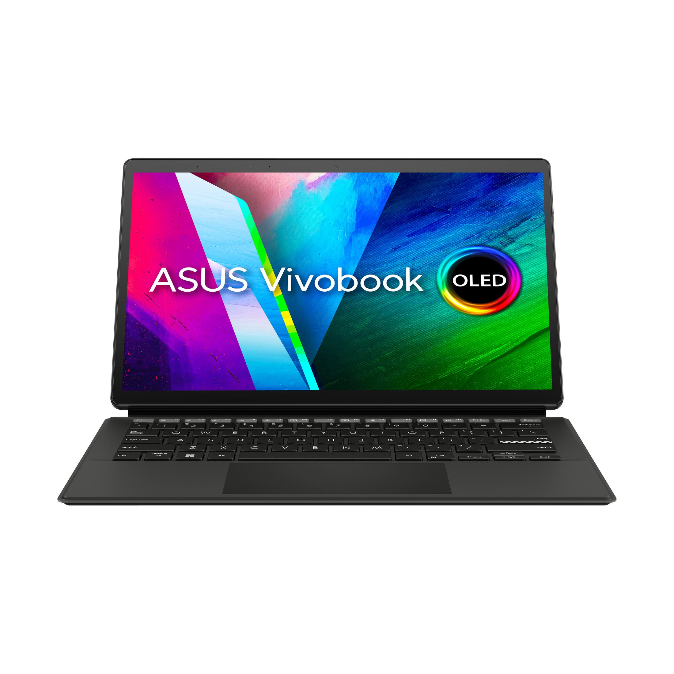 Laptop mit 'ASUS Vivobook OLED' auf dem Bildschirm, an Tastatur befestigt.