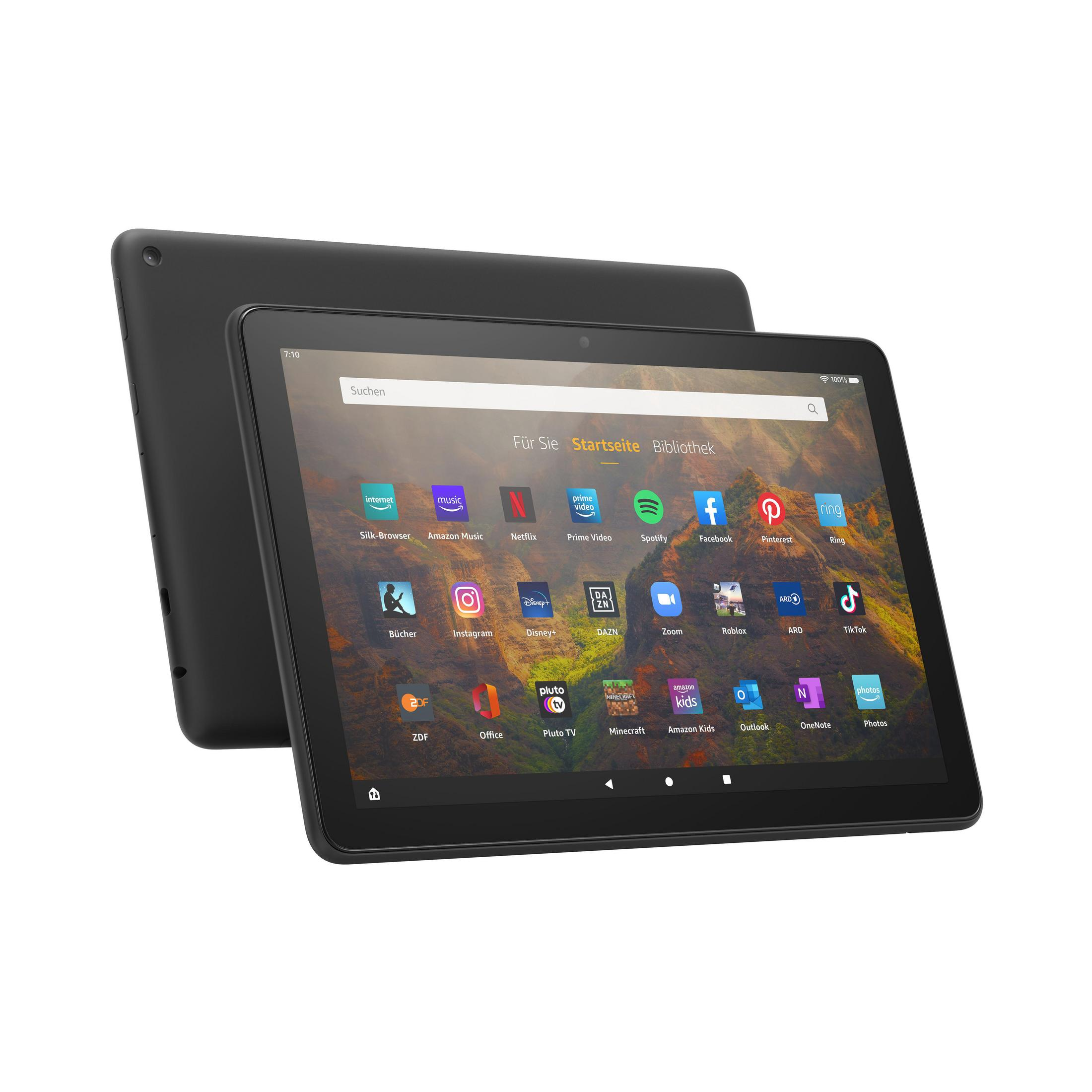 Schwarzes Tablet mit Apps auf dem Bildschirm. Ein weiteres Tablet im Hintergrund. Der Bildschirm zeigt Symbole.