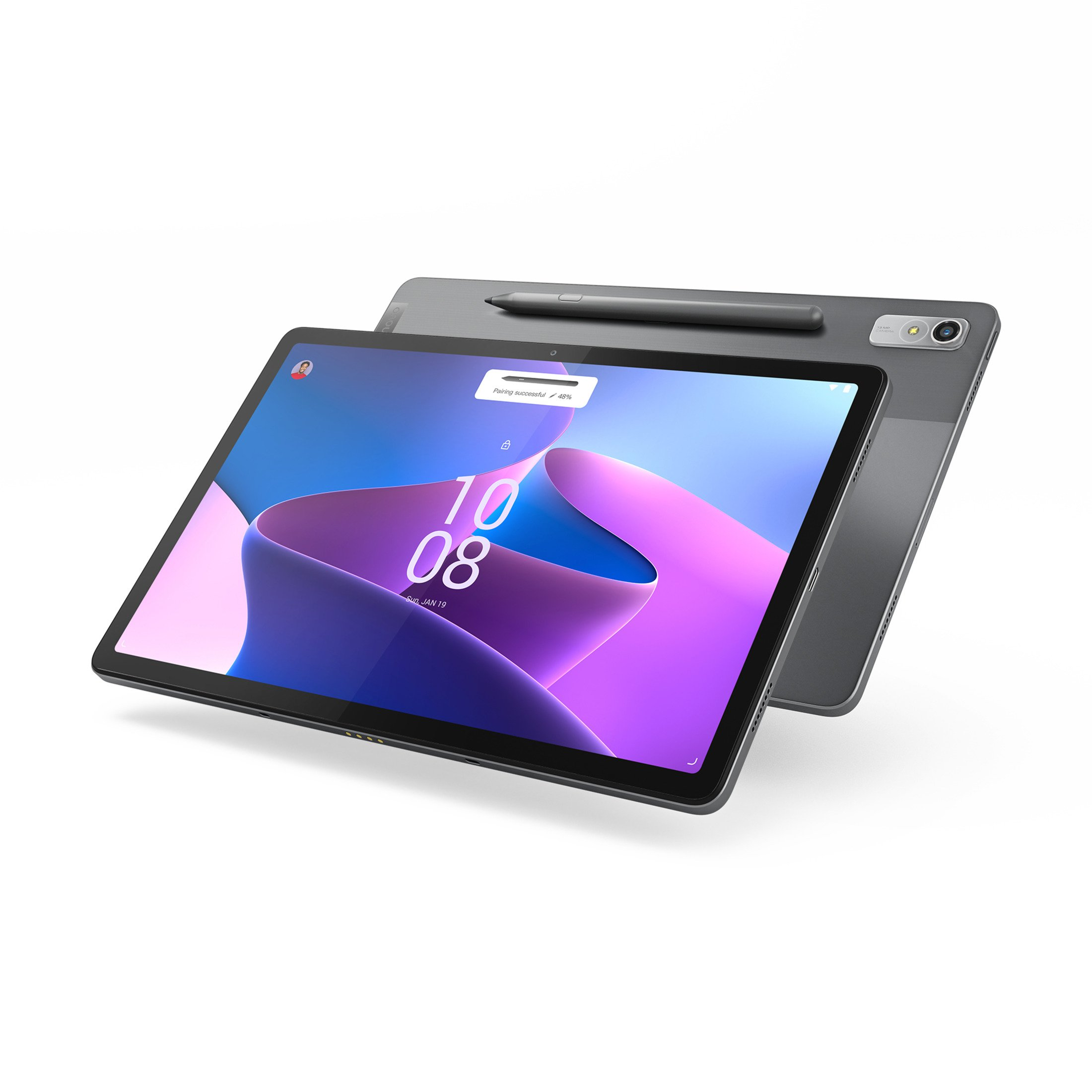 Tablet mit Stift und die Rückseite eines anderen Tablets auf weißer Oberfläche.
