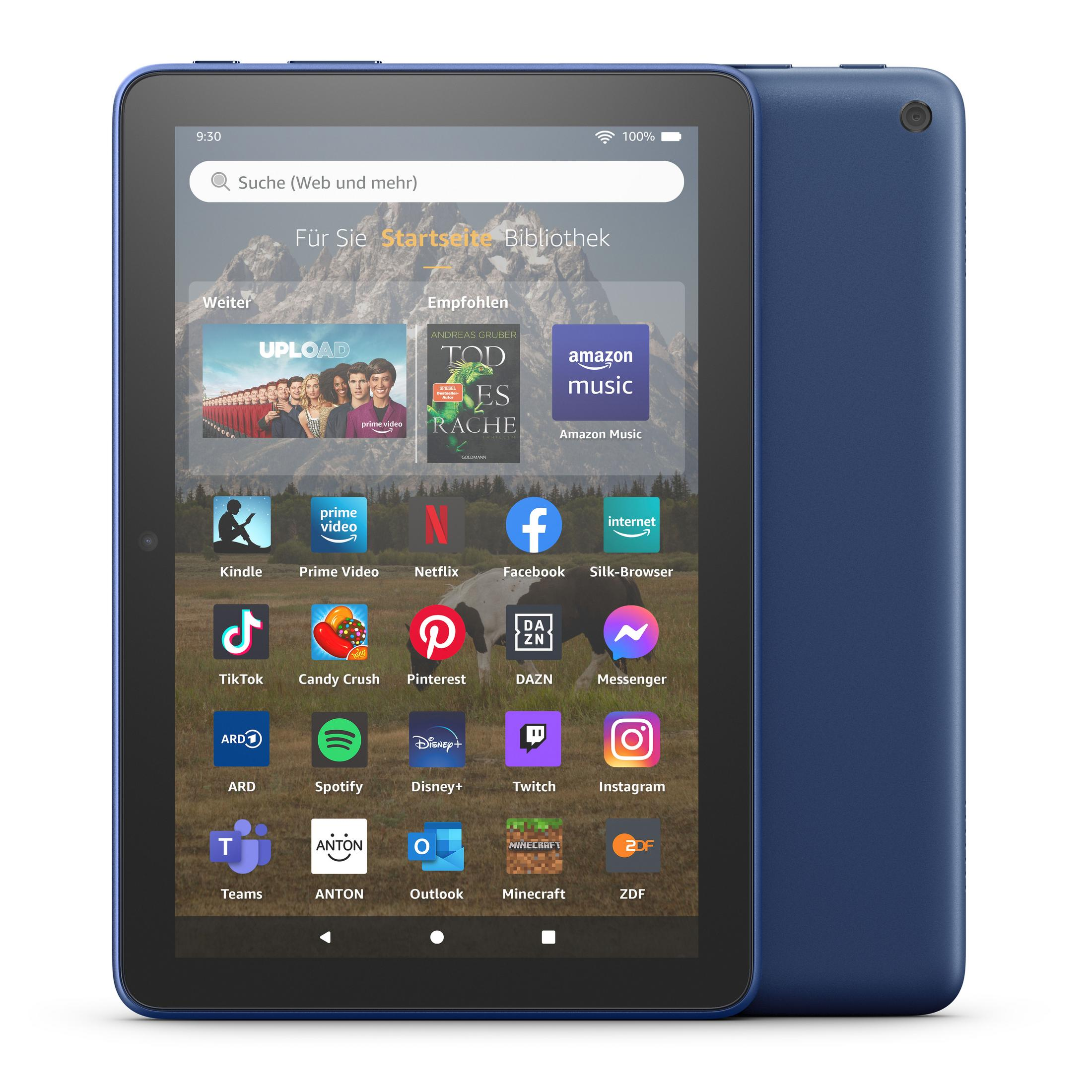 Ein blaues Tablet zeigt App-Symbole mit Zeit- und Akkuanzeige oben an.