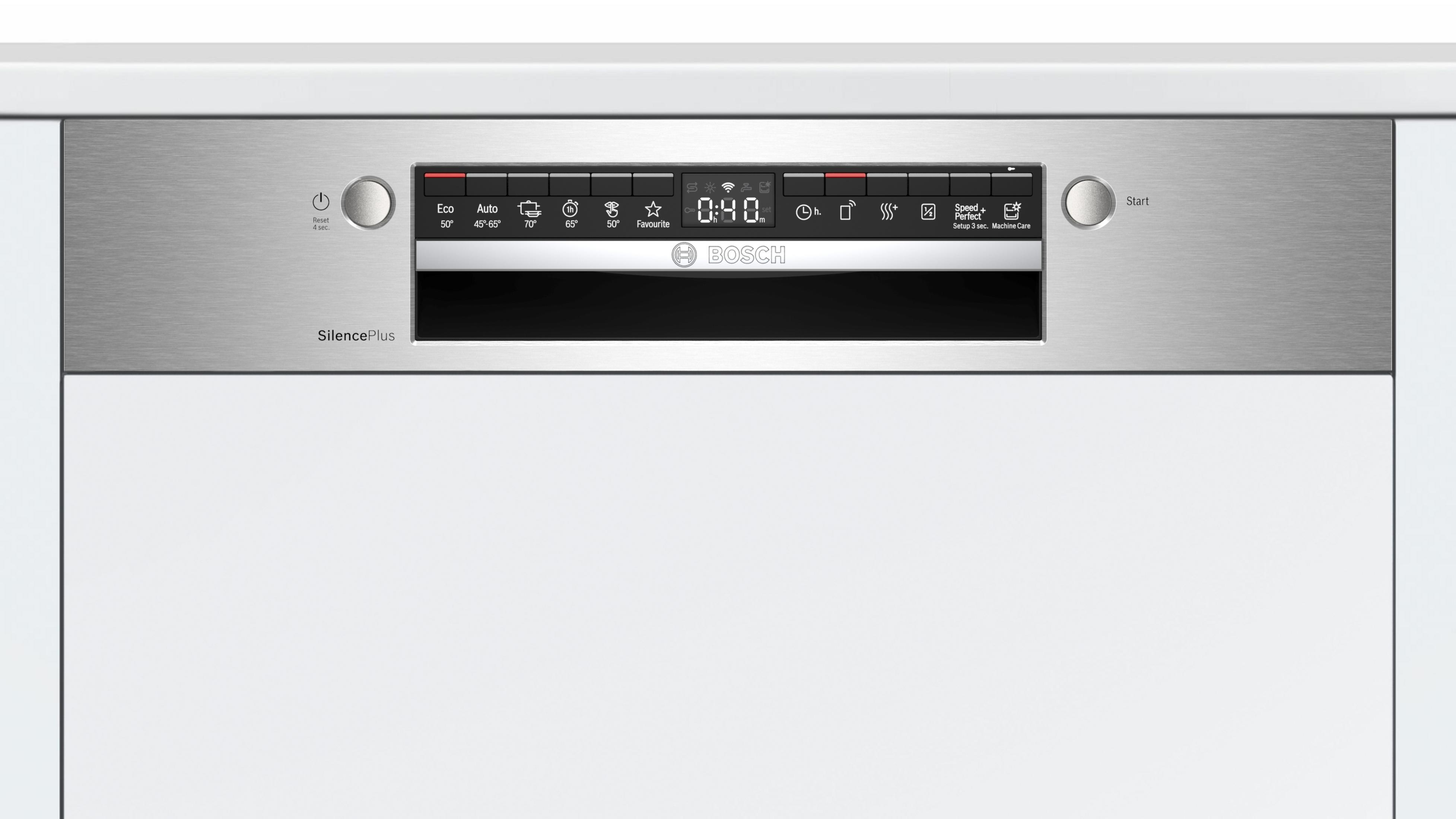 Een bedieningspaneel van een vaatwasser, met knoppen en een scherm.