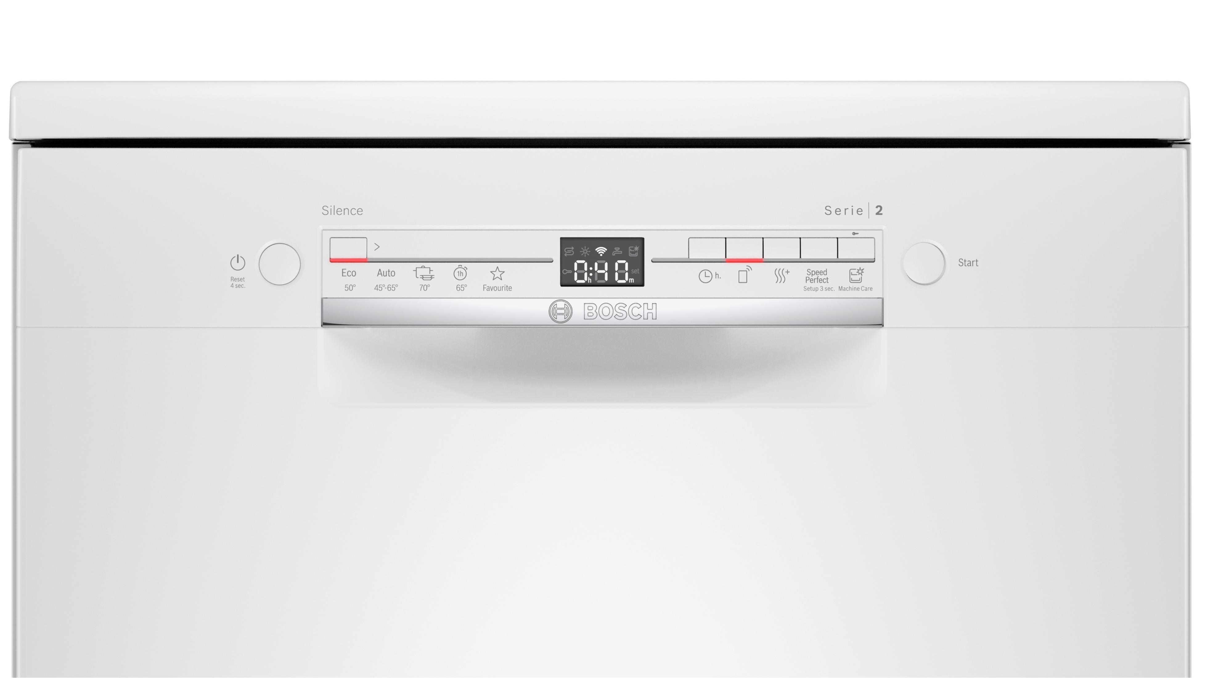 Ein weißes Bosch Geschirrspüler-Bedienfeld mit digitaler Anzeige und Tasten.