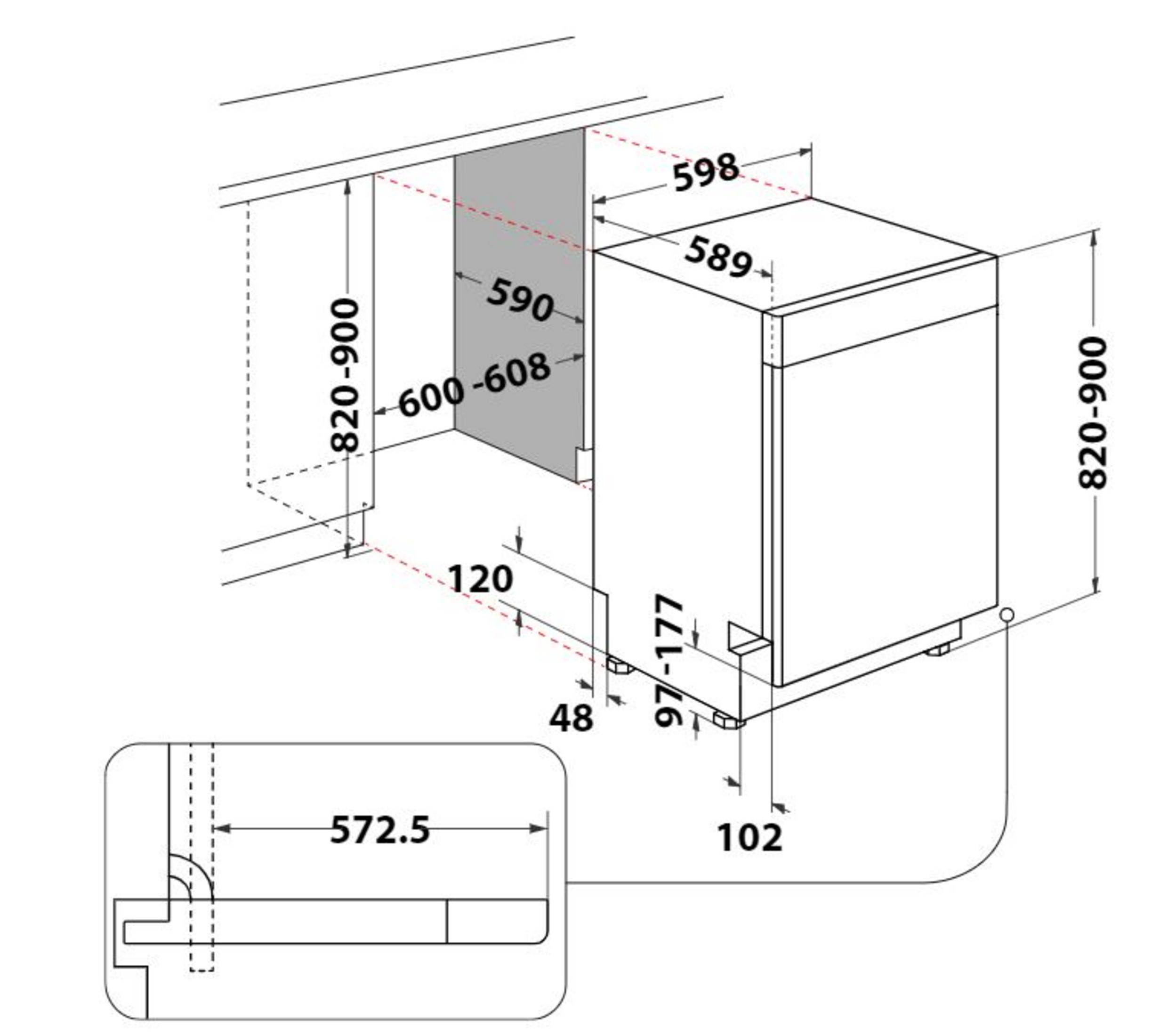 Diagramm eines Geschirrspülers mit Abmessungen und Installationsraum, einschließlich einer detaillierten Eckansicht.