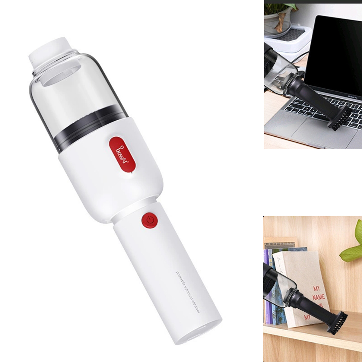 Biały i czarny przenośny odkurzacz z czerwonym przyciskiem na białym tle. Dwa widoki wstawkowe.