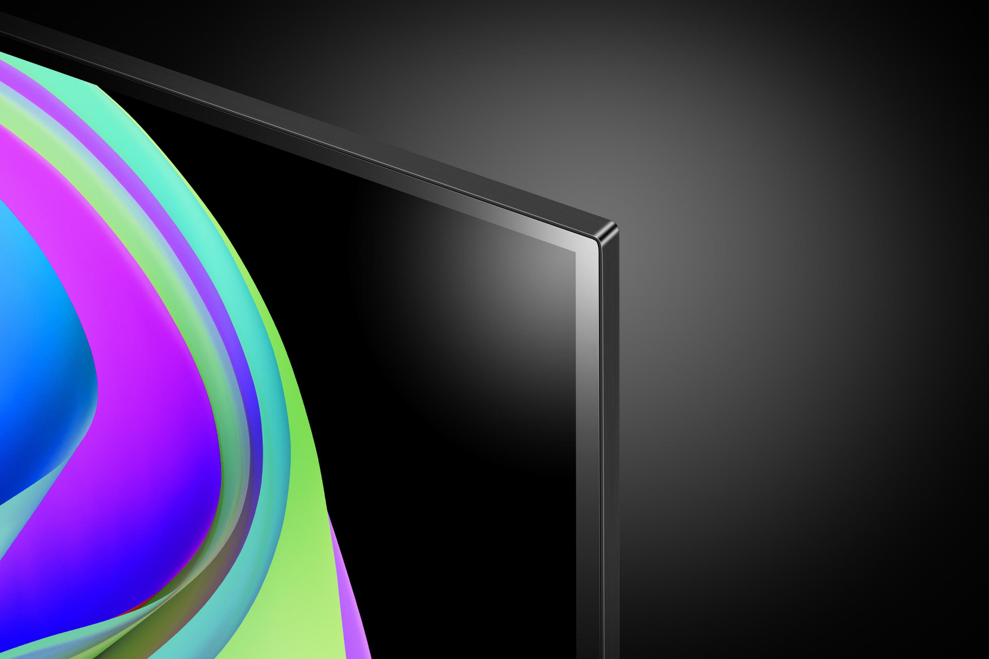 Zbliżenie rogu ekranu telewizora, pokazujące żywy, kolorowy abstrakcyjny wzór.