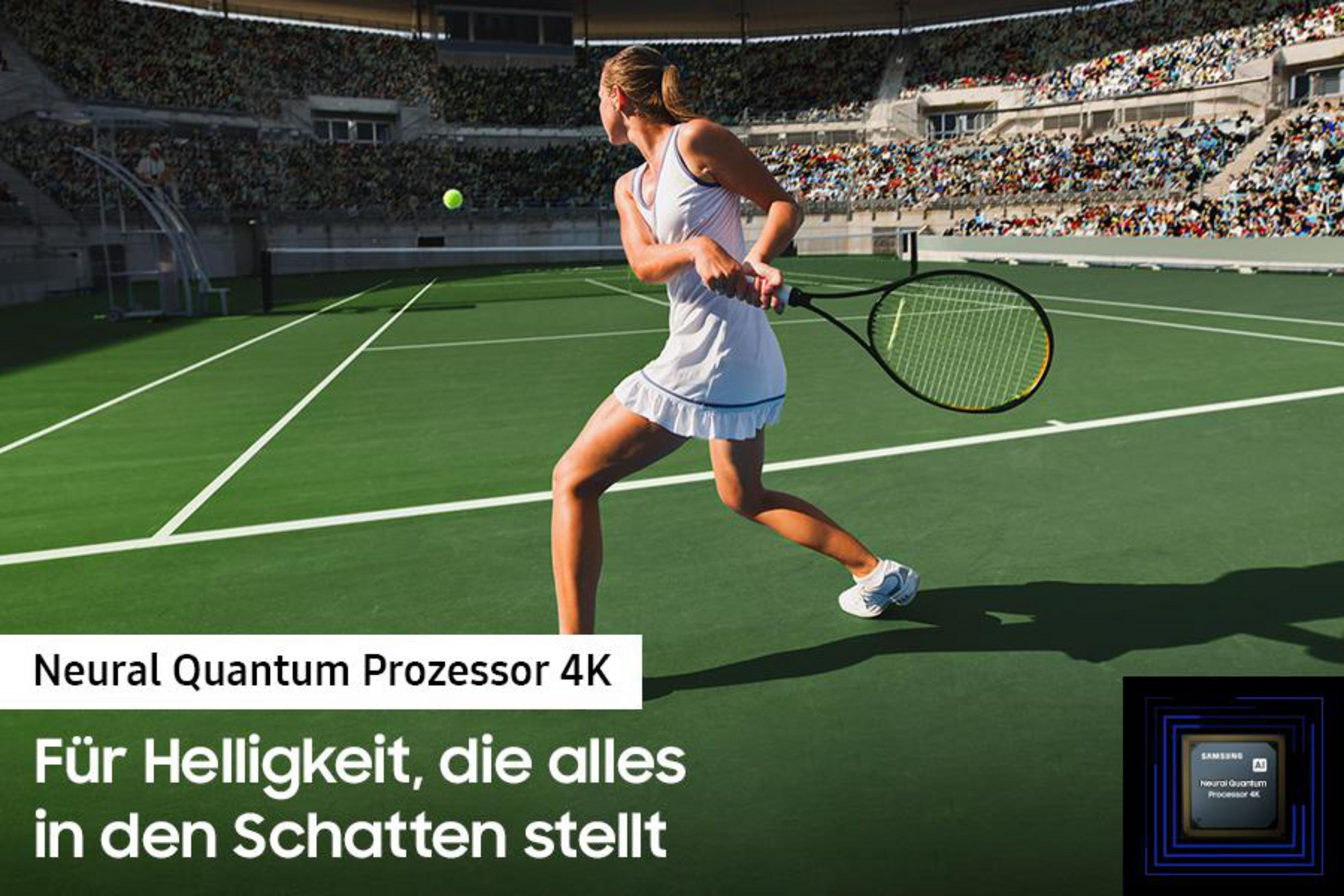 Kobieta gra w tenisa, zielony kort. Nakładka tekstowa: Neural Quantum Prozessor 4K. Logo Samsung.