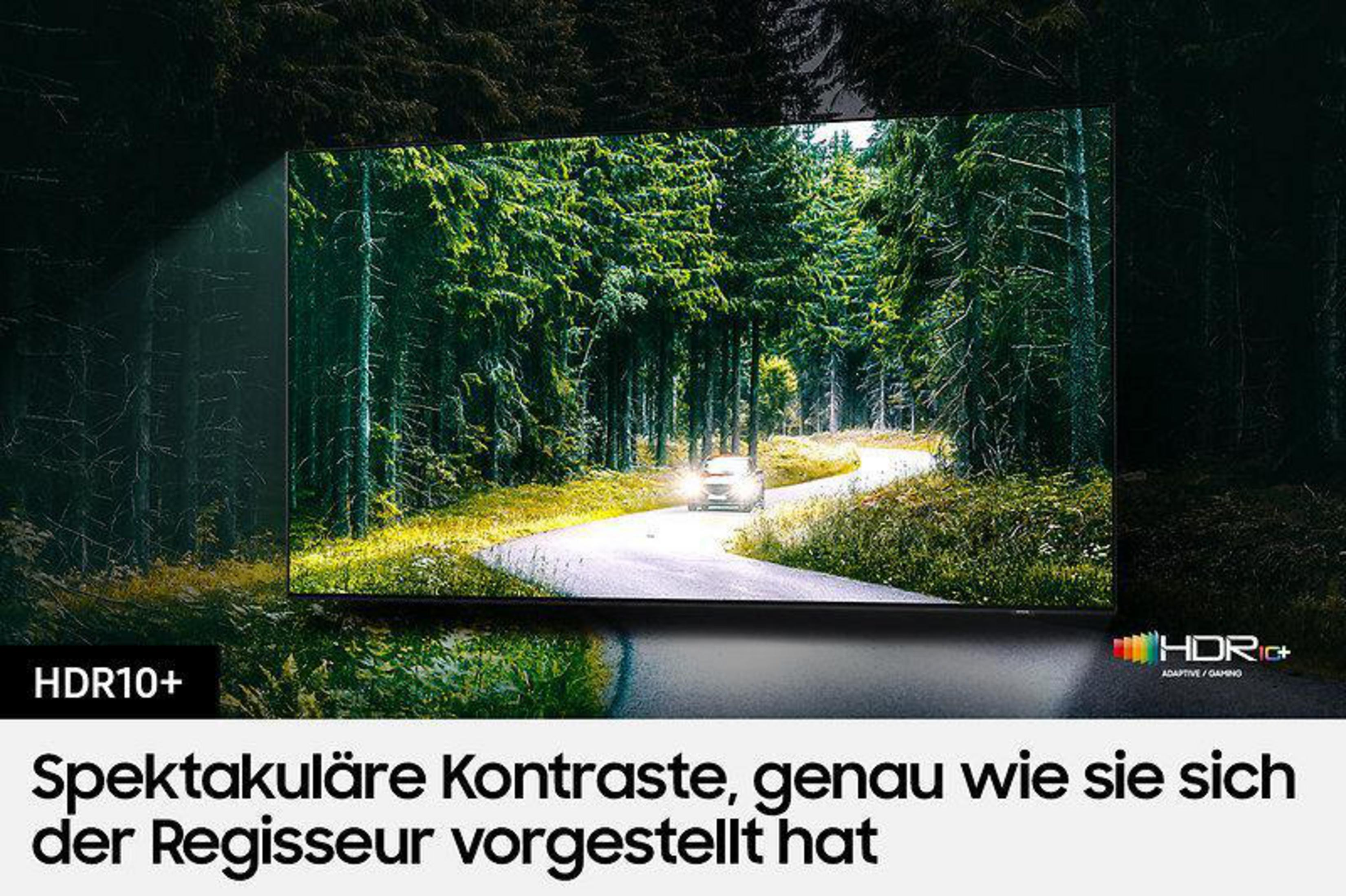 Samochód jedzie drogą przez gęsty las, wyświetlany na dużym telewizorze.