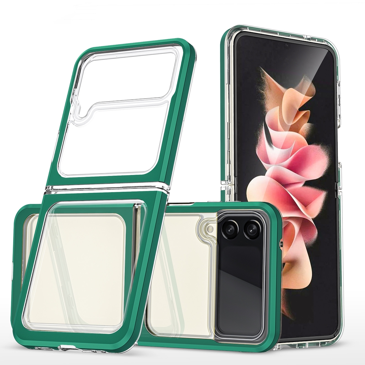 Grüne Handyhülle für ein faltbares Telefon, entfaltet und gefaltet. Klare Displayschutzfolien und Kameraausschnitt.