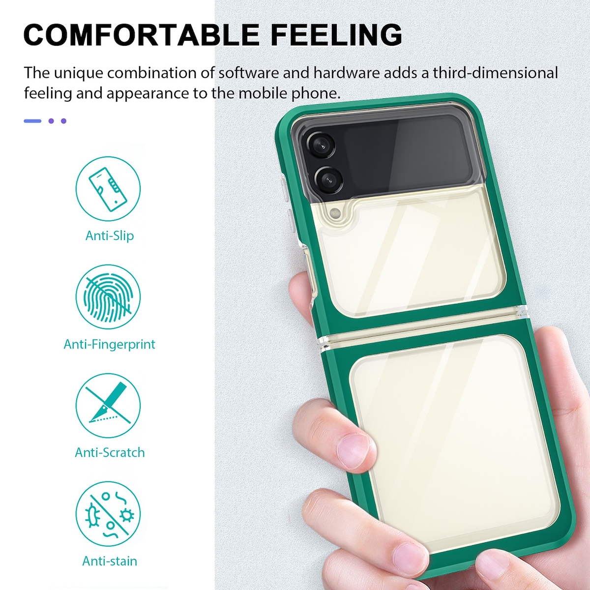 Grüne Smartphone-Hülle mit Telefon. Die Hülle ist offen und zeigt den Bildschirm und ein weißes Innere.