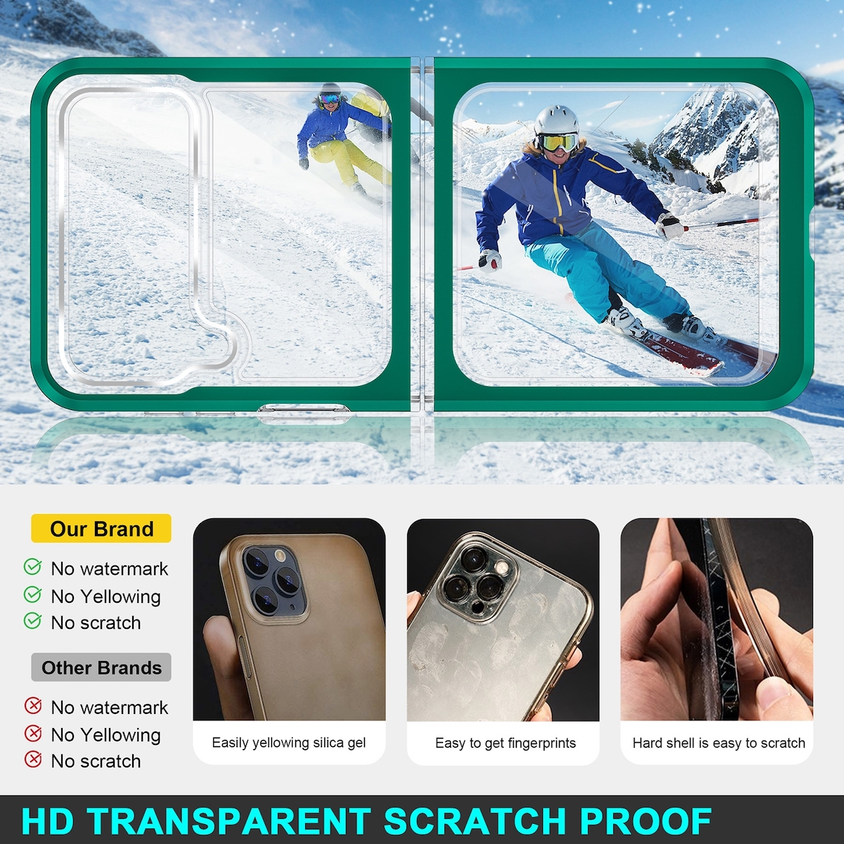 Eine transparente Handyhülle mit zwei Skifahrern auf einer Berglandschaft und Vergleichsbildern.