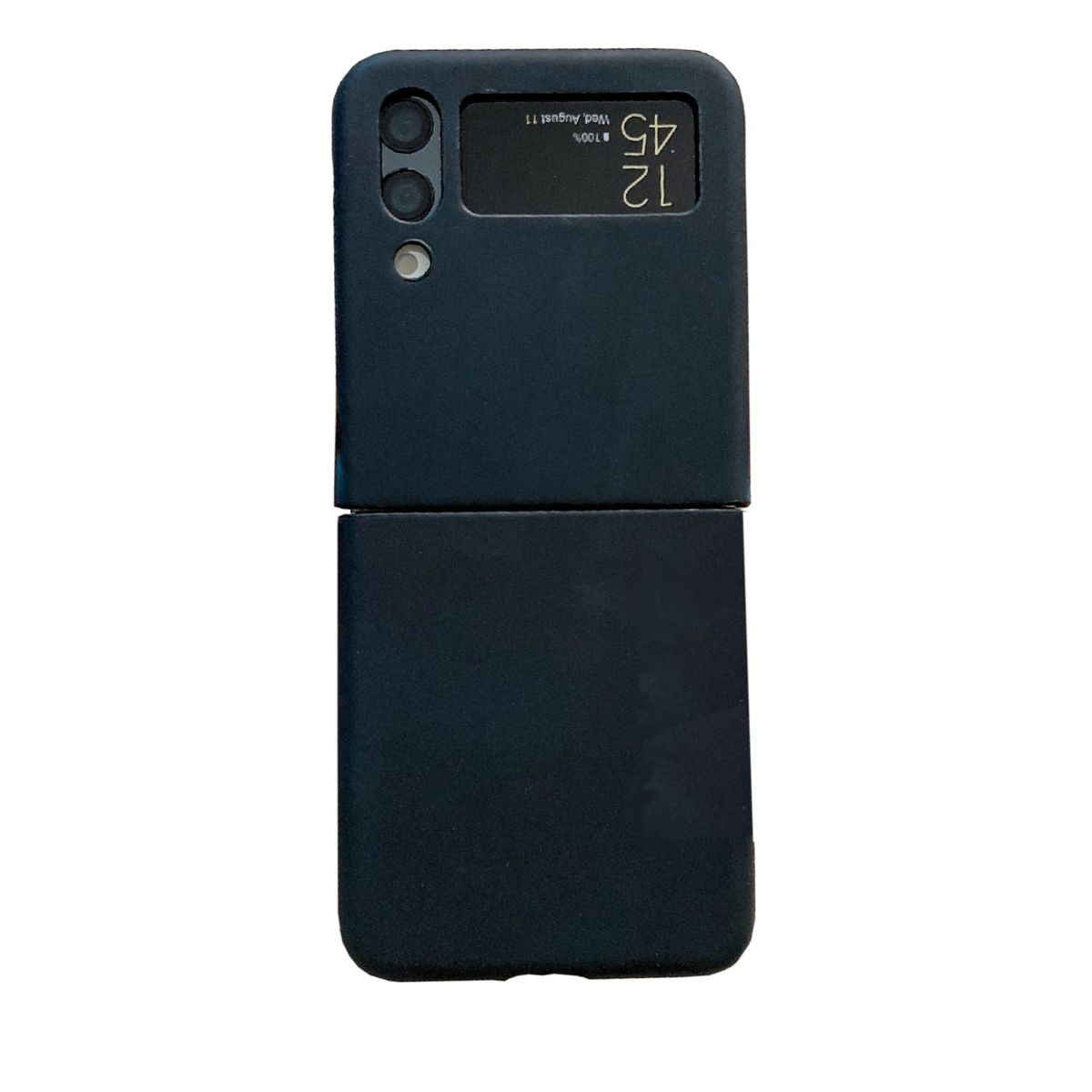 Schwarze faltbare Handyhülle. Das Telefon ist zusammengeklappt und zeigt die Uhrzeit und den Akkustand an.