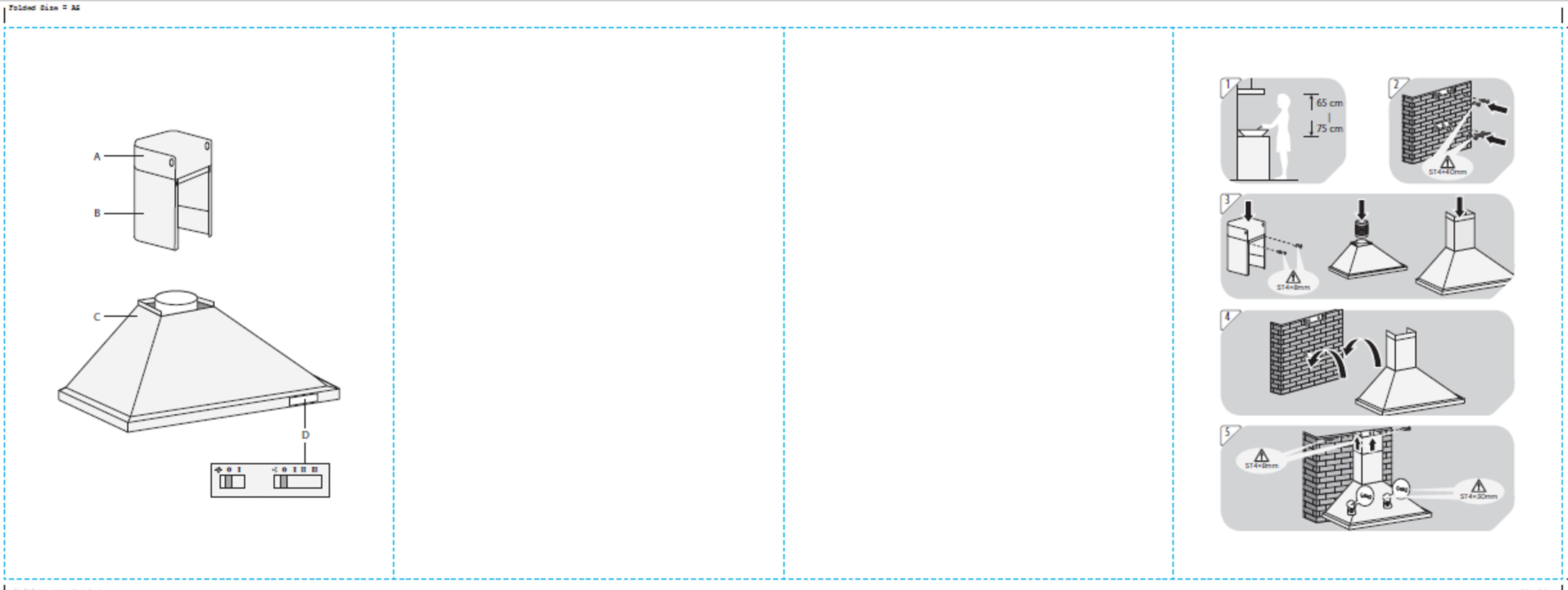 Diagramm einer Dunstabzugshaubeninstallation. Verschiedene Komponenten werden gezeigt.