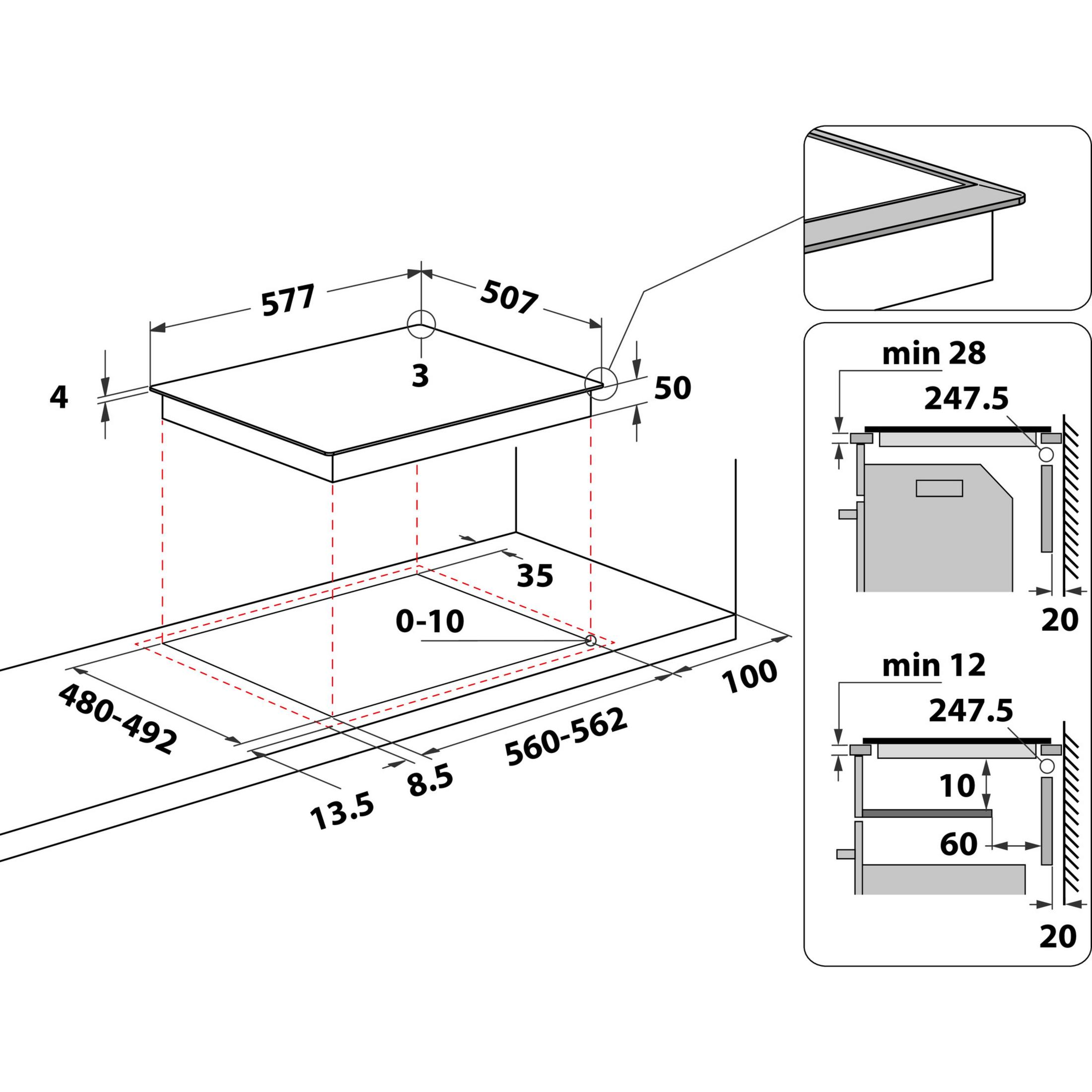 Diagramm eines Kochfelds mit Abmessungen und Ausschnittdetails.