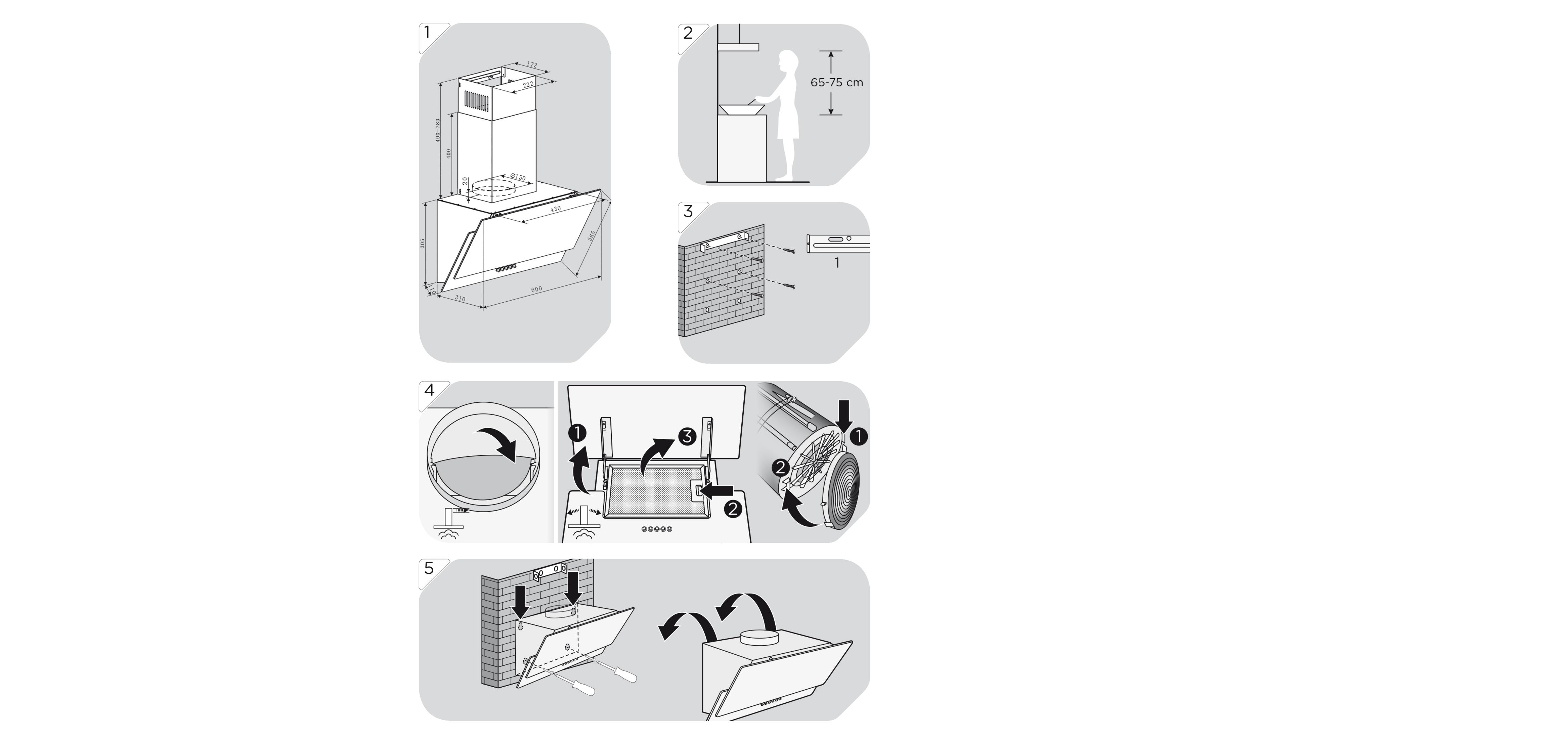 Diagramm der Dunstabzugshaubeninstallation, das Messungen und Schritte zeigt.