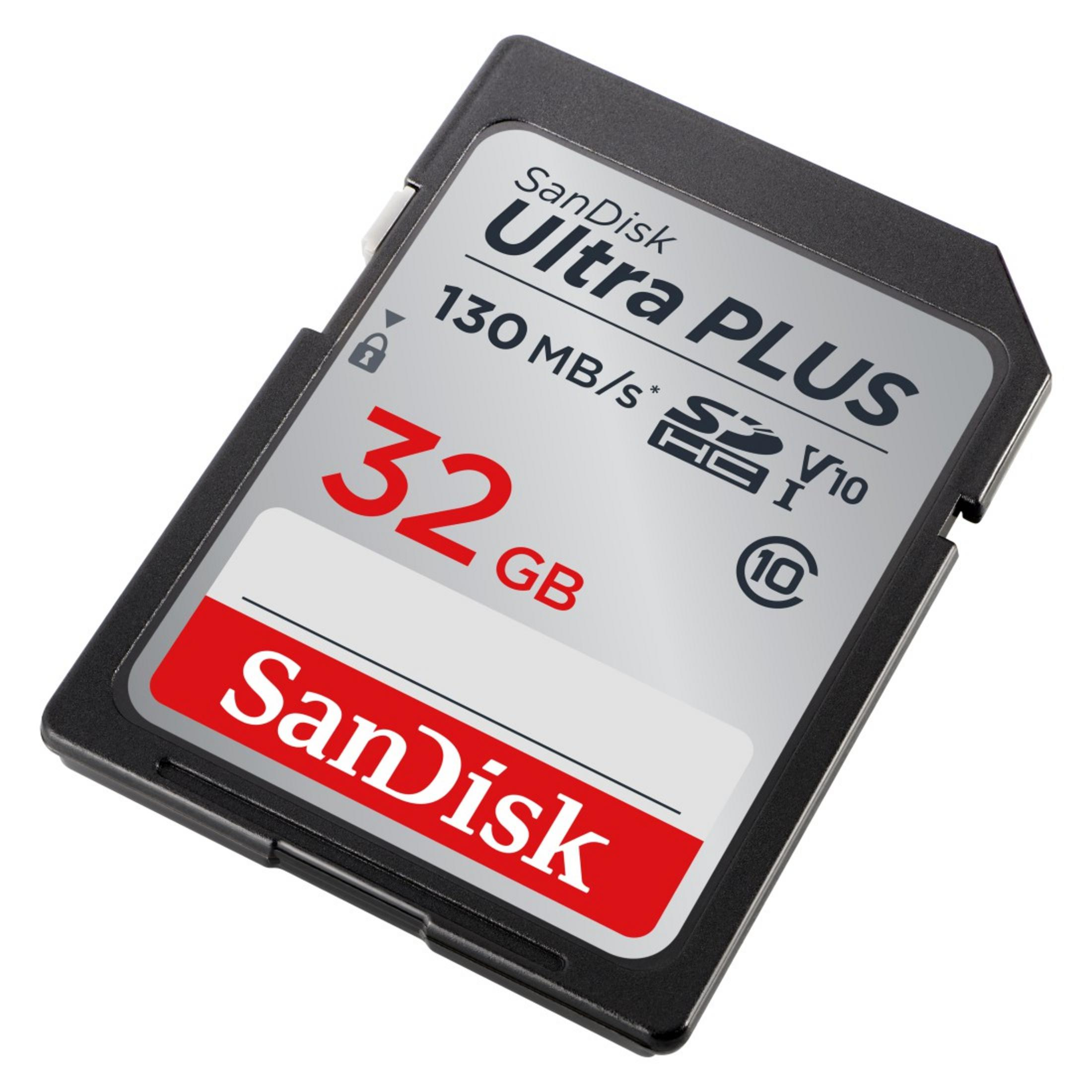 Scheda SD Sandisk Ultra PLUS, nera con etichetta rossa e bianca.