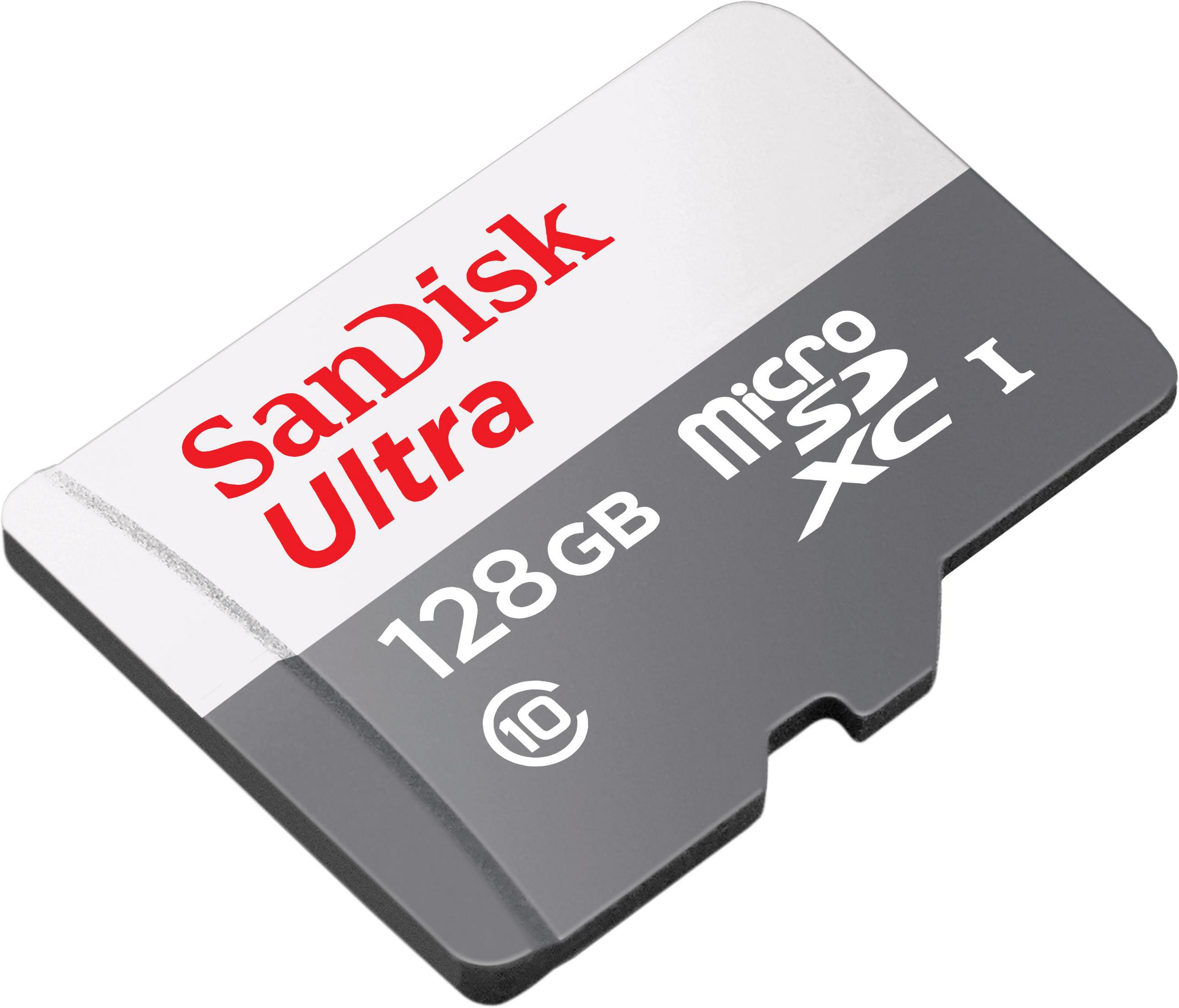 Scheda SanDisk Ultra microSDXC. Grigia e bianca con testo rosso. Mostra capacità e classe di velocità.
