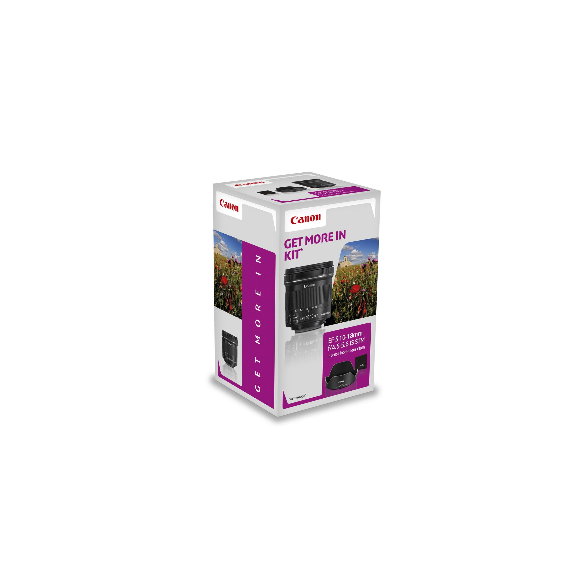 Ein verpacktes Canon-Kameraobjektiv-Kit. Die Box hat Text und ein Bild des Objektivs.