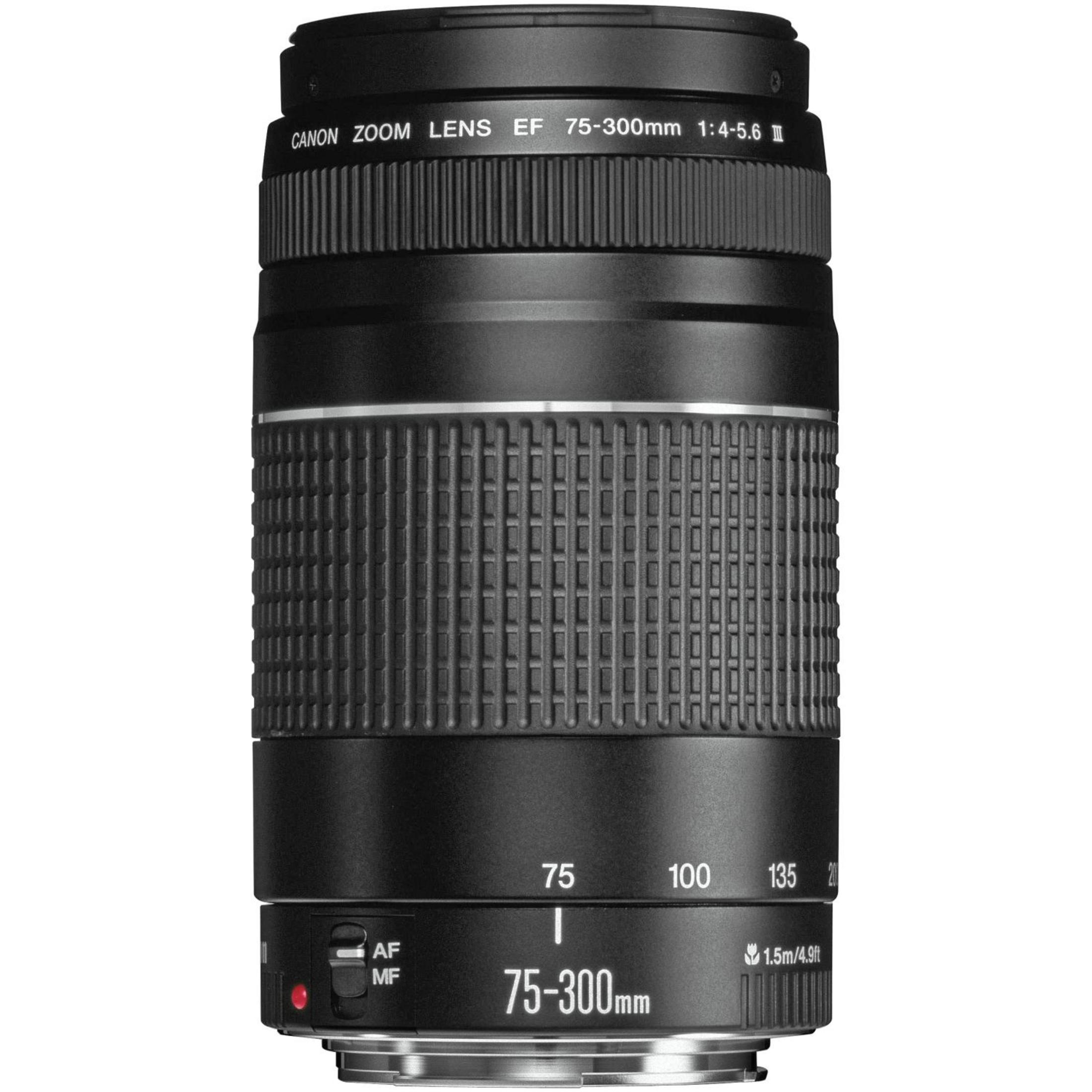 Czarny obiektyw zmiennoogniskowy Canon. Ma liczby i tekst, np. '75-300mm'.