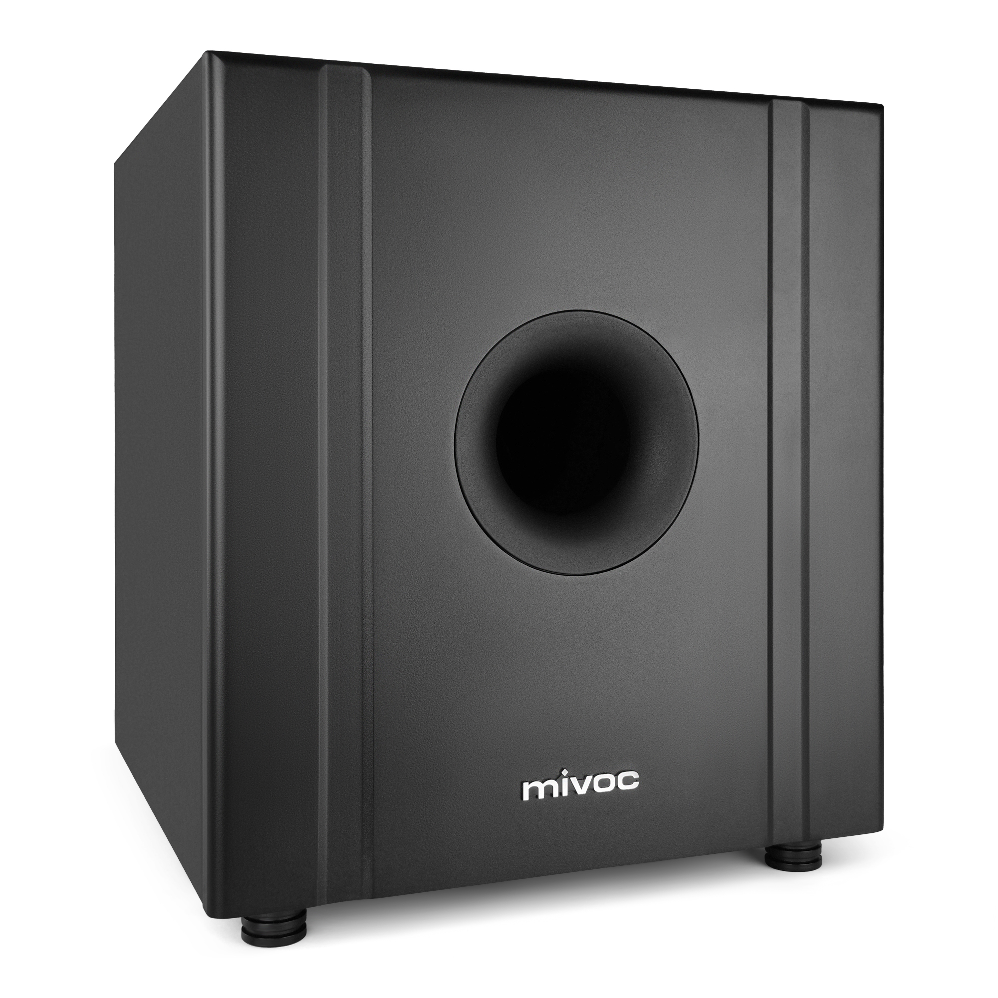 Schwarzer Subwoofer mit zentralem Anschluss und dem Wort 'mivoc' vorne.
