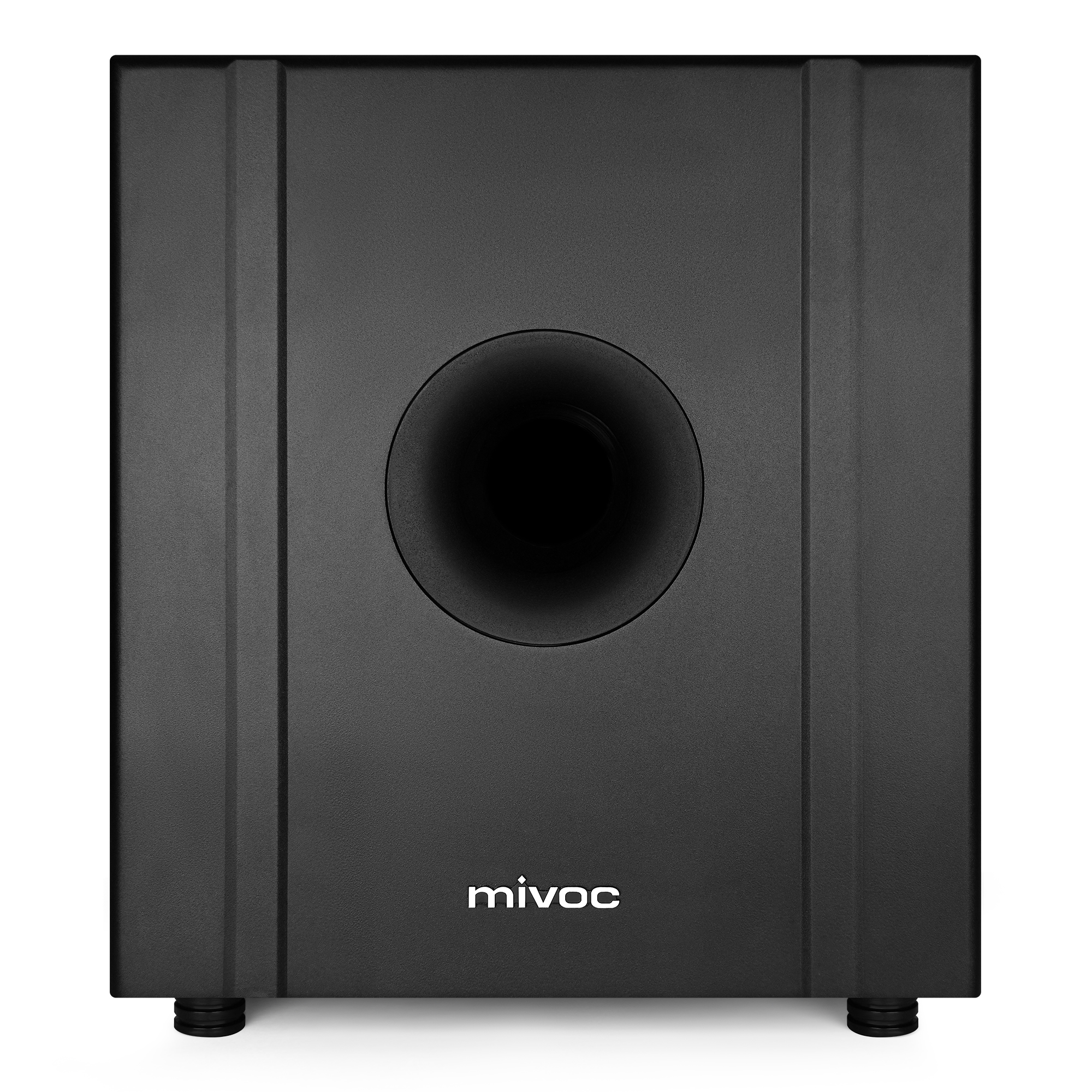 Schwarzer Subwoofer mit zentralem kreisförmigen Lautsprecher und dem Wort 'mivoc'.