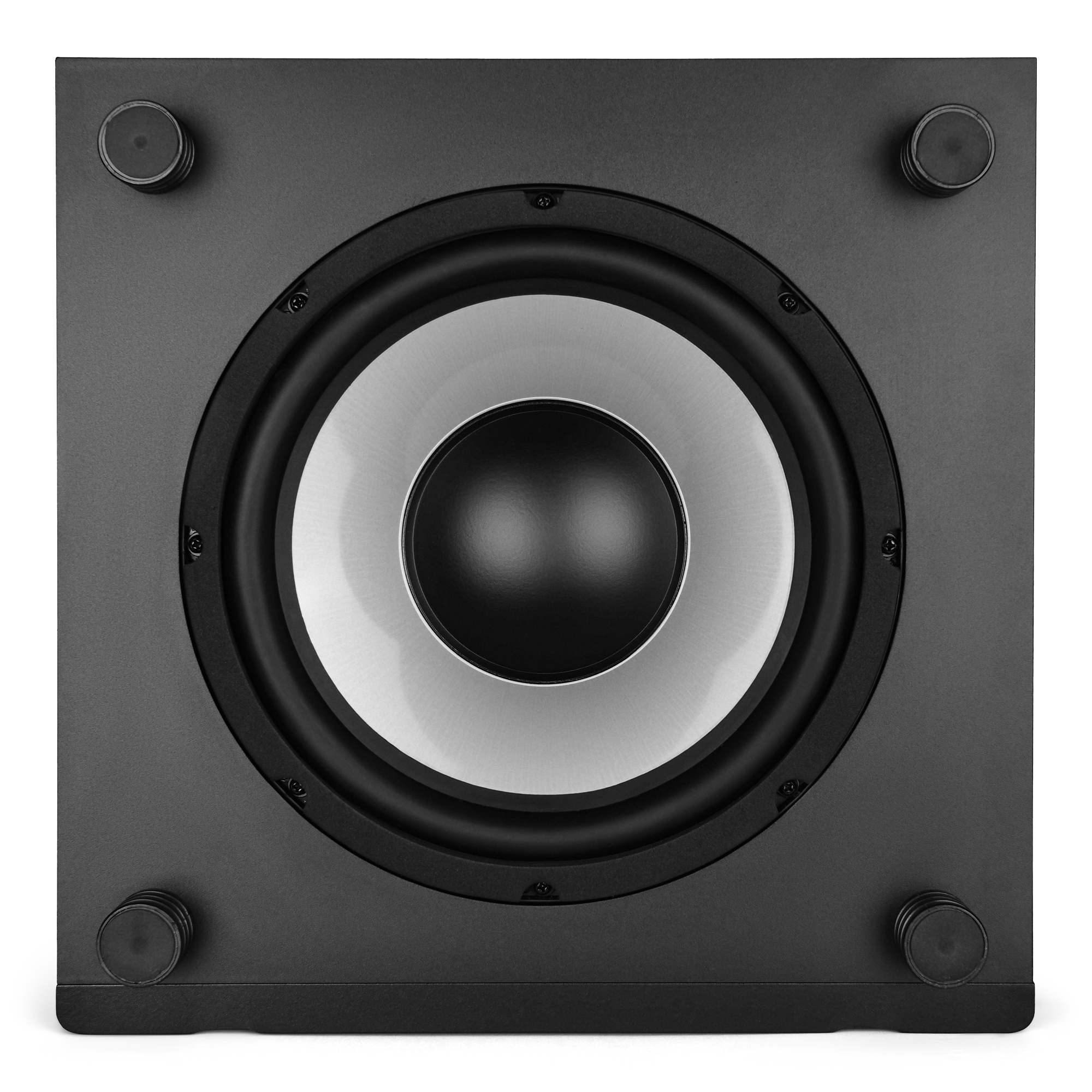 Ein schwarzer Subwoofer mit einem großen silbernen Lautsprecher auf weißem Hintergrund.
