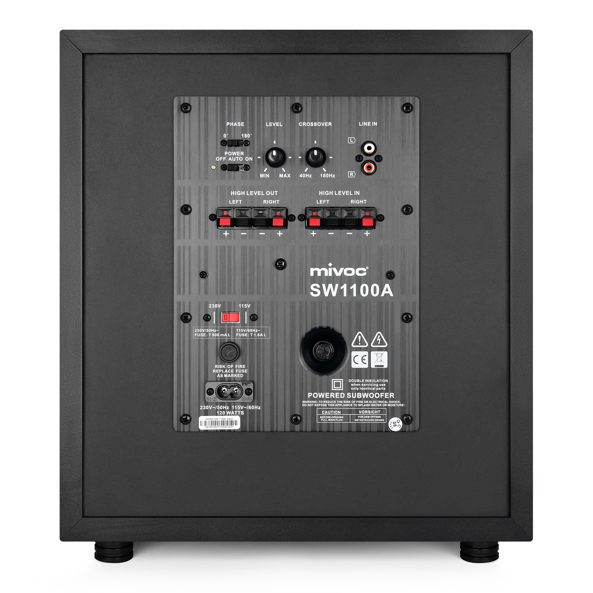 Schwarzes Subwoofer-Rückwand mit Reglern für Phase, Pegel, Frequenzweiche und Eingänge.