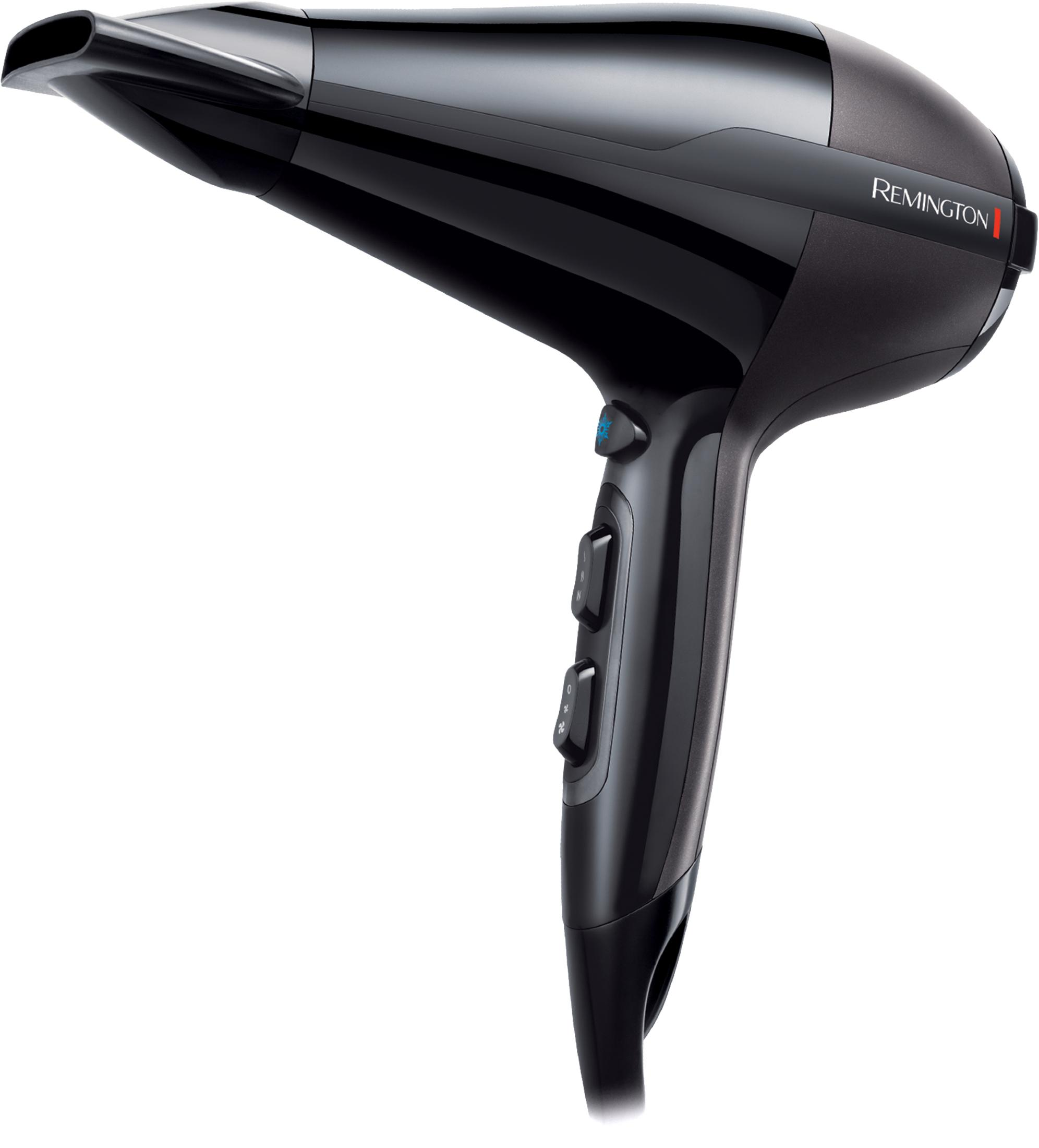 Czarna suszarka do włosów Remington. Posiada przyciski na uchwycie i nazwę marki z boku.