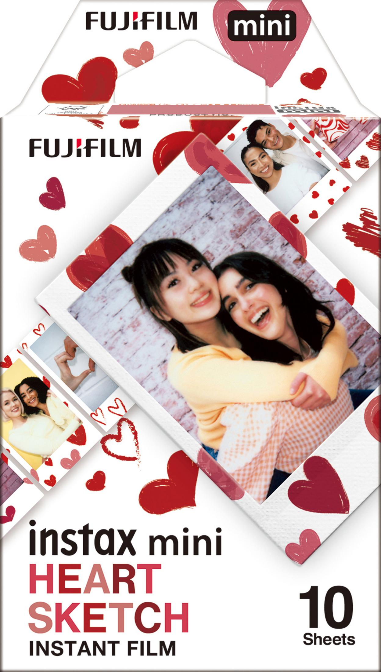 Opakowanie filmu Instax Mini z motywem serca i zdjęciami ludzi. W zestawie 10 arkuszy.