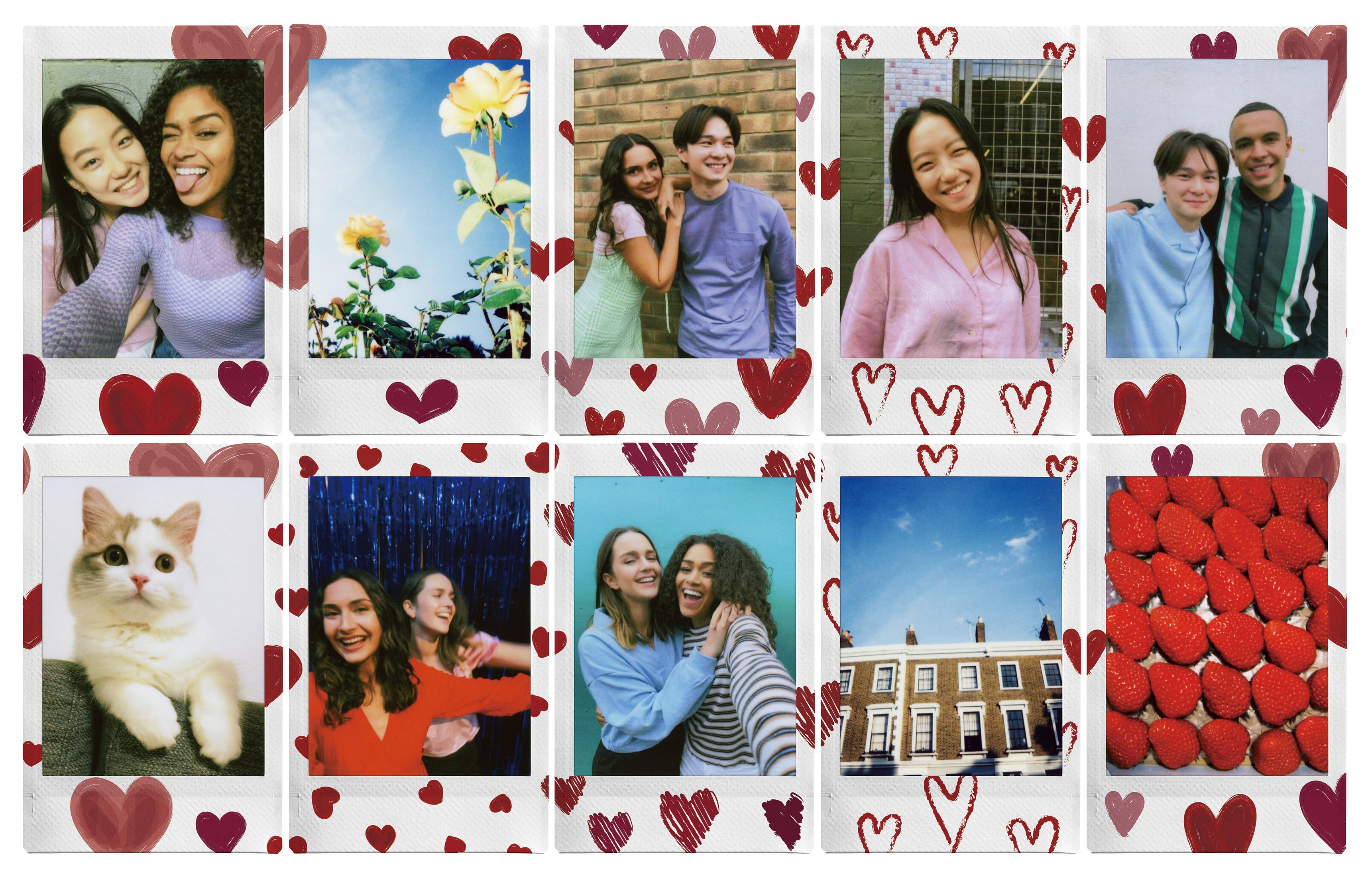 Dziesięć zdjęć polaroid z różnymi ludźmi, roślinami i przedmiotami, z sercami.