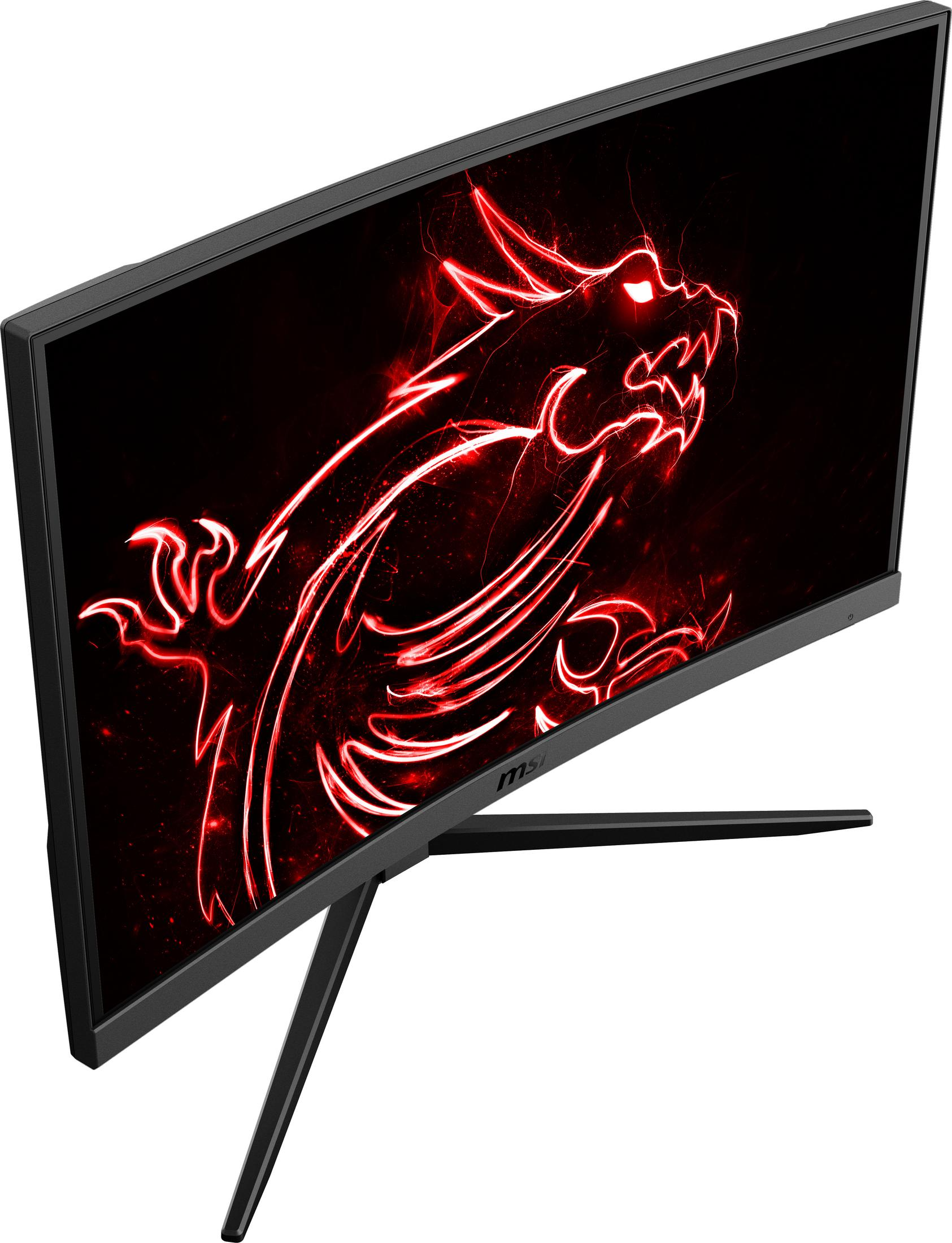 Schwarzer Computermonitor mit roter Drachengrafik. Schwarzer Ständer und Blende. Draufsicht.