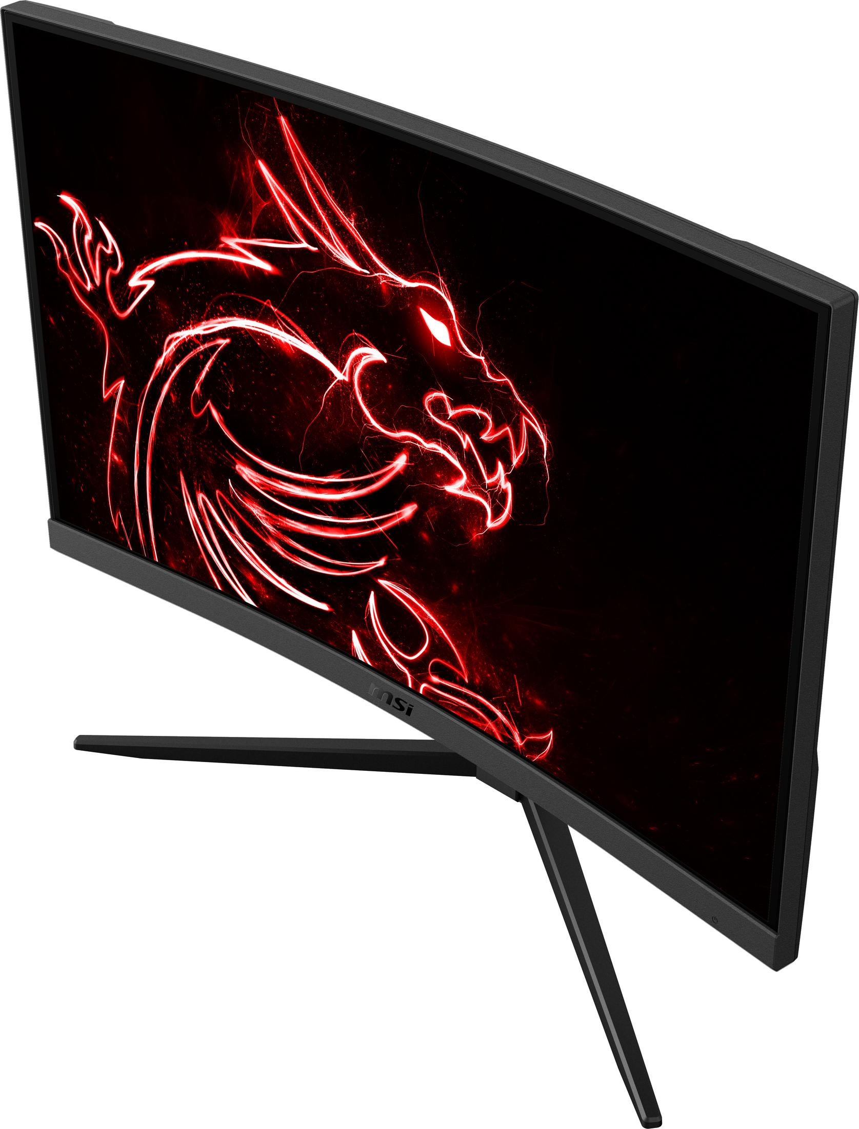 Gebogener Gaming-Monitor mit roter Drachengrafik auf schwarzem Hintergrund.
