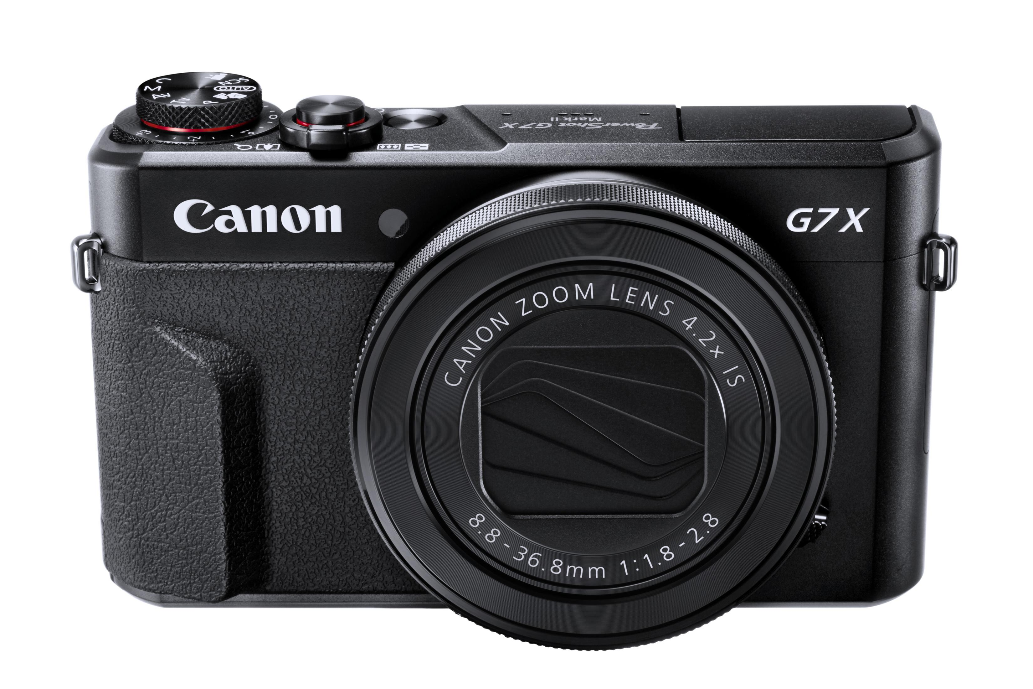 Schwarze Canon G7X Mark II Kamera, Vorderansicht, mit sichtbaren Linsendetails.