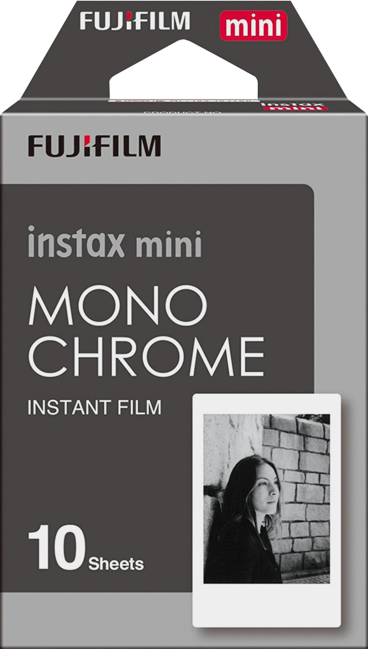 Caja de película instantánea Fujifilm instax mini monocromo, con una foto.