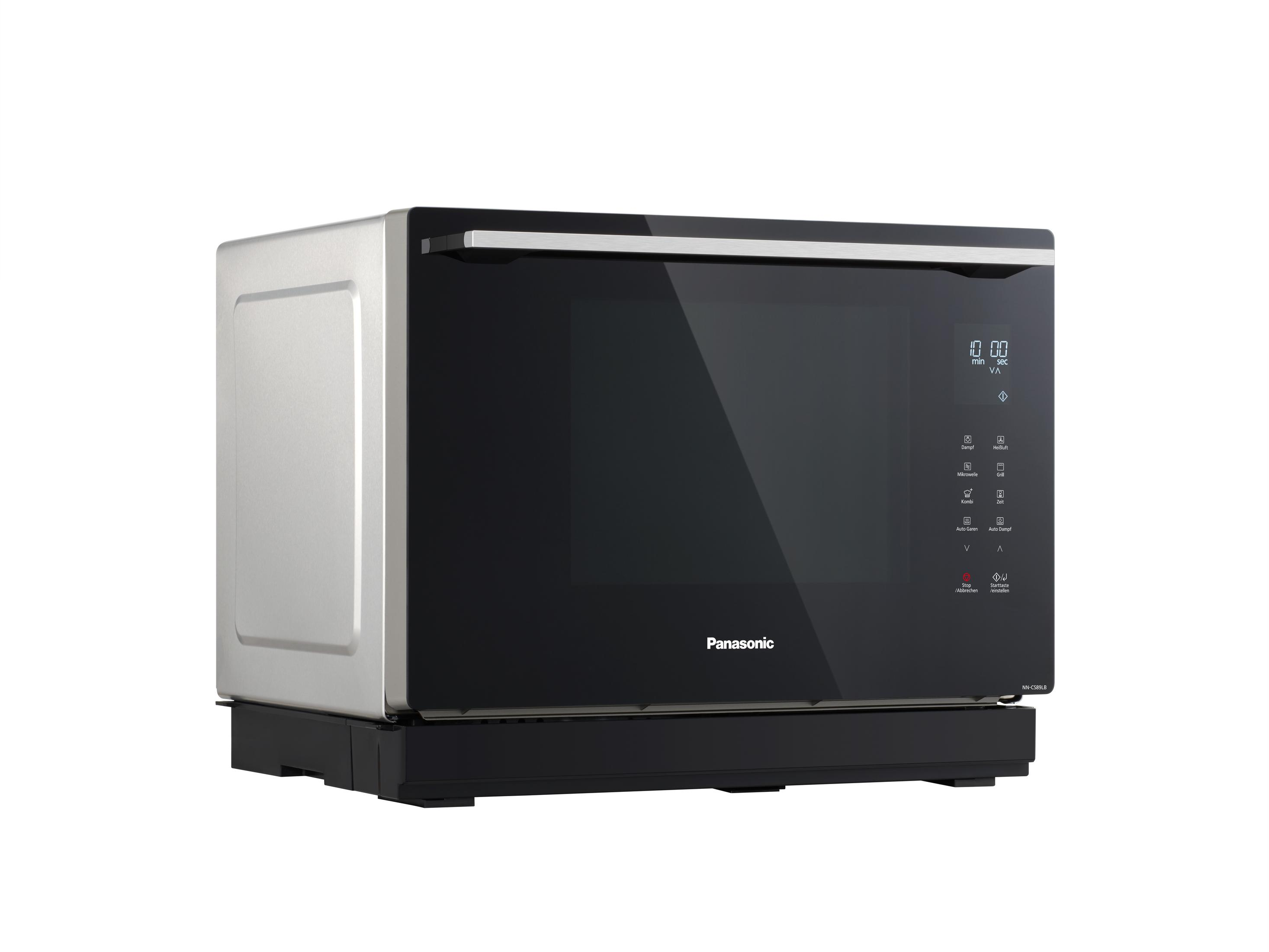Czarna i srebrna kuchenka mikrofalowa Panasonic, z cyfrowym wyświetlaczem i przyciskami po prawej stronie.