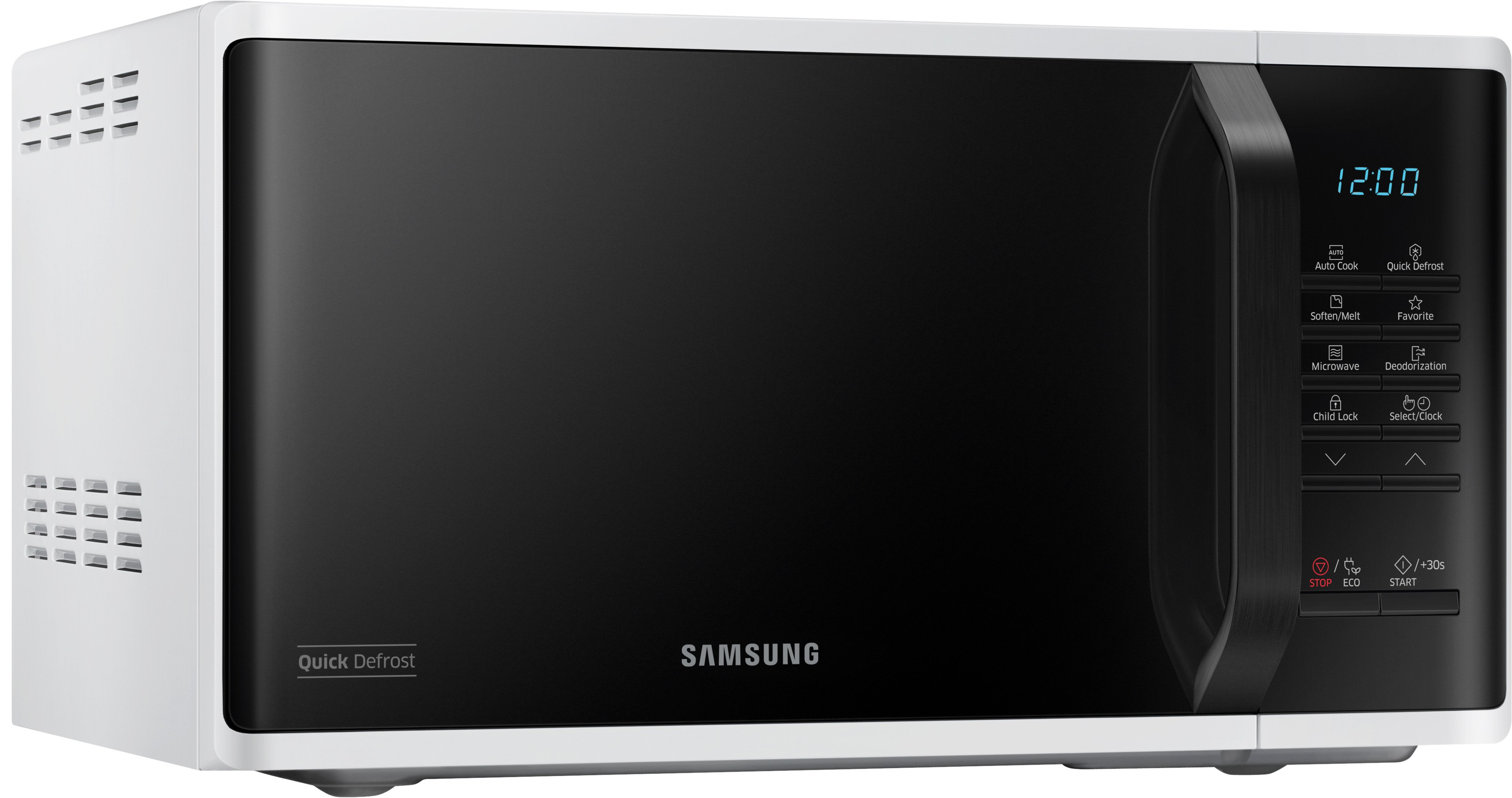 Un forno a microonde bianco e nero con un display digitale che mostra l'ora 12:00.