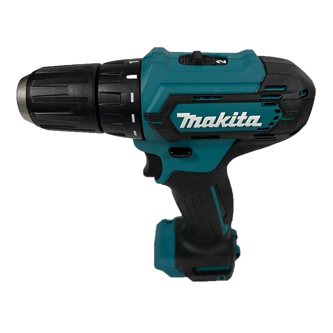Un trapano avvitatore a batteria Makita in una combinazione di colori verde acqua e nero, con il logo del marchio visibile.
