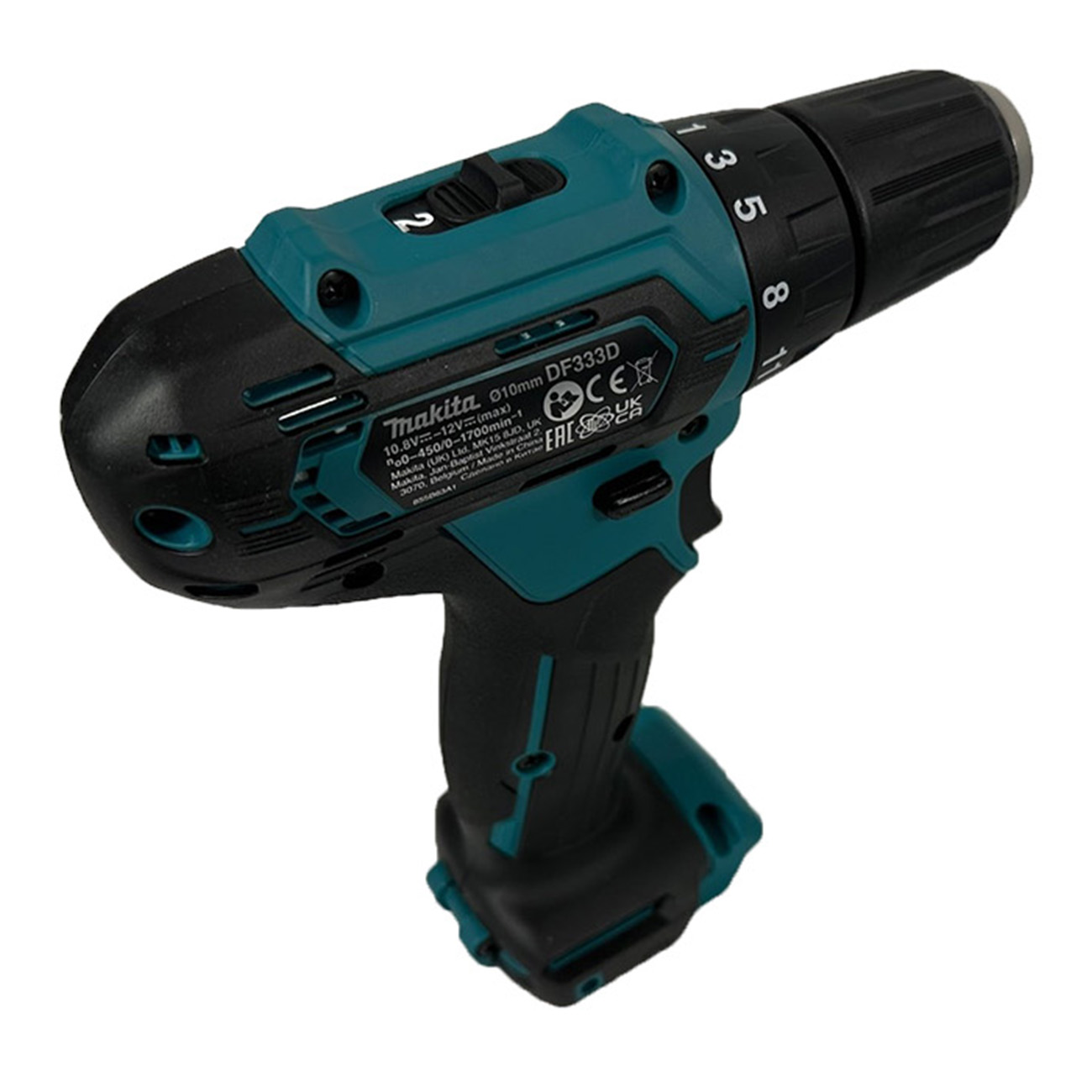 Trapano avvitatore Makita, verde acqua e nero, con varie impostazioni.