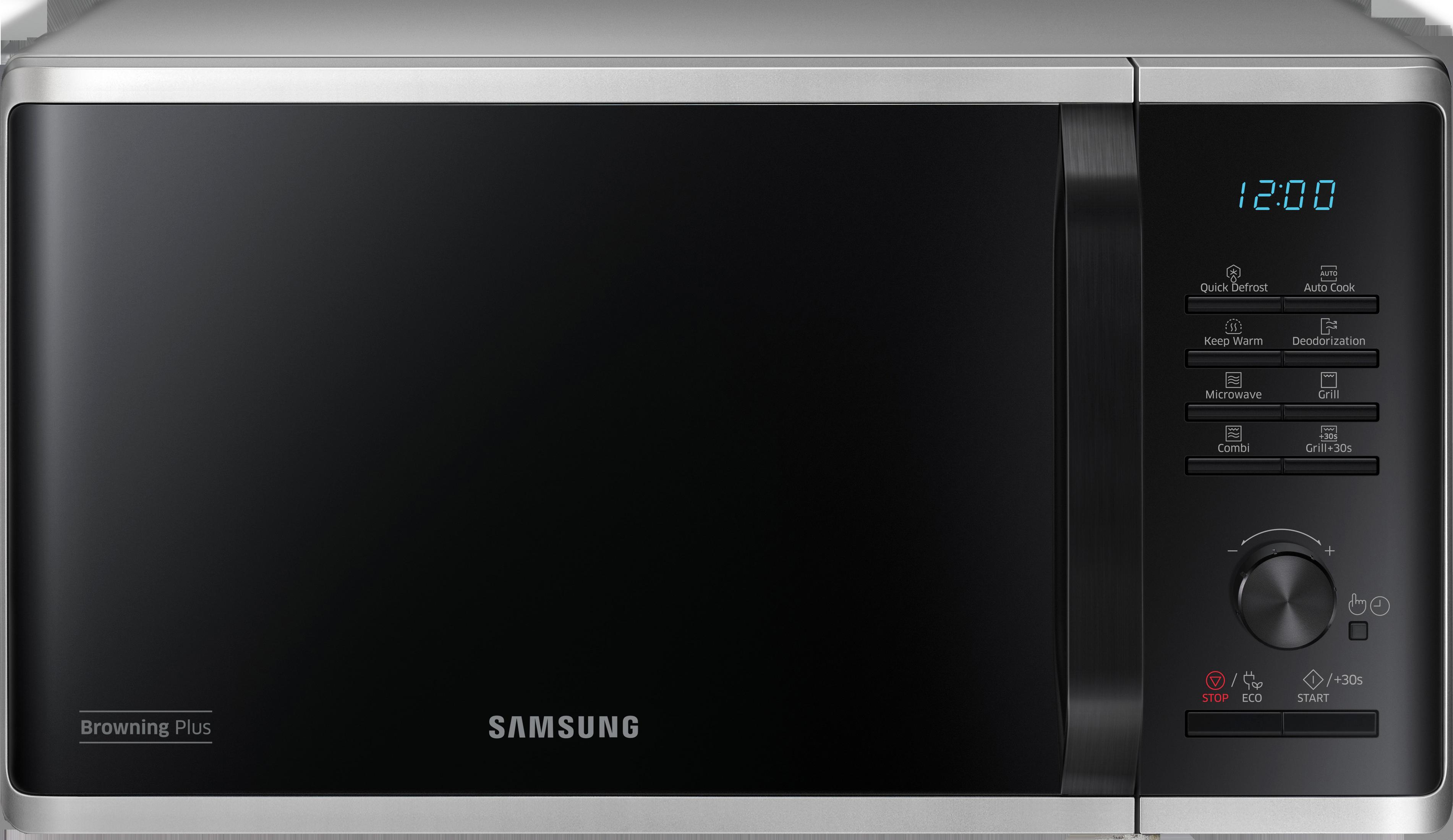 Czarna kuchenka mikrofalowa Samsung z panelem sterowania i cyfrowym wyświetlaczem pokazującym 12:00.