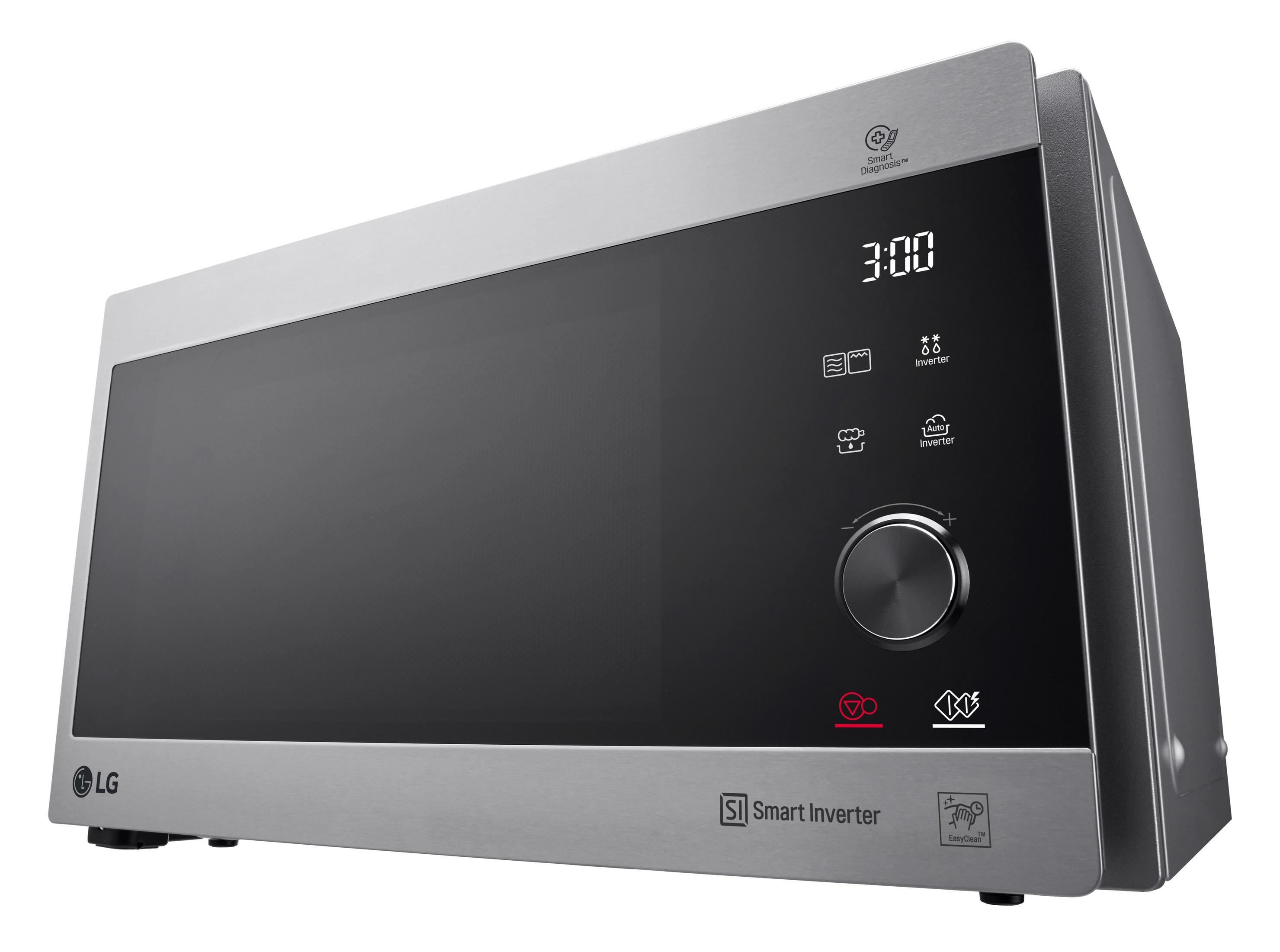 Srebrno-czarna kuchenka mikrofalowa LG, widok z boku, wyświetlacz i kontrolki.