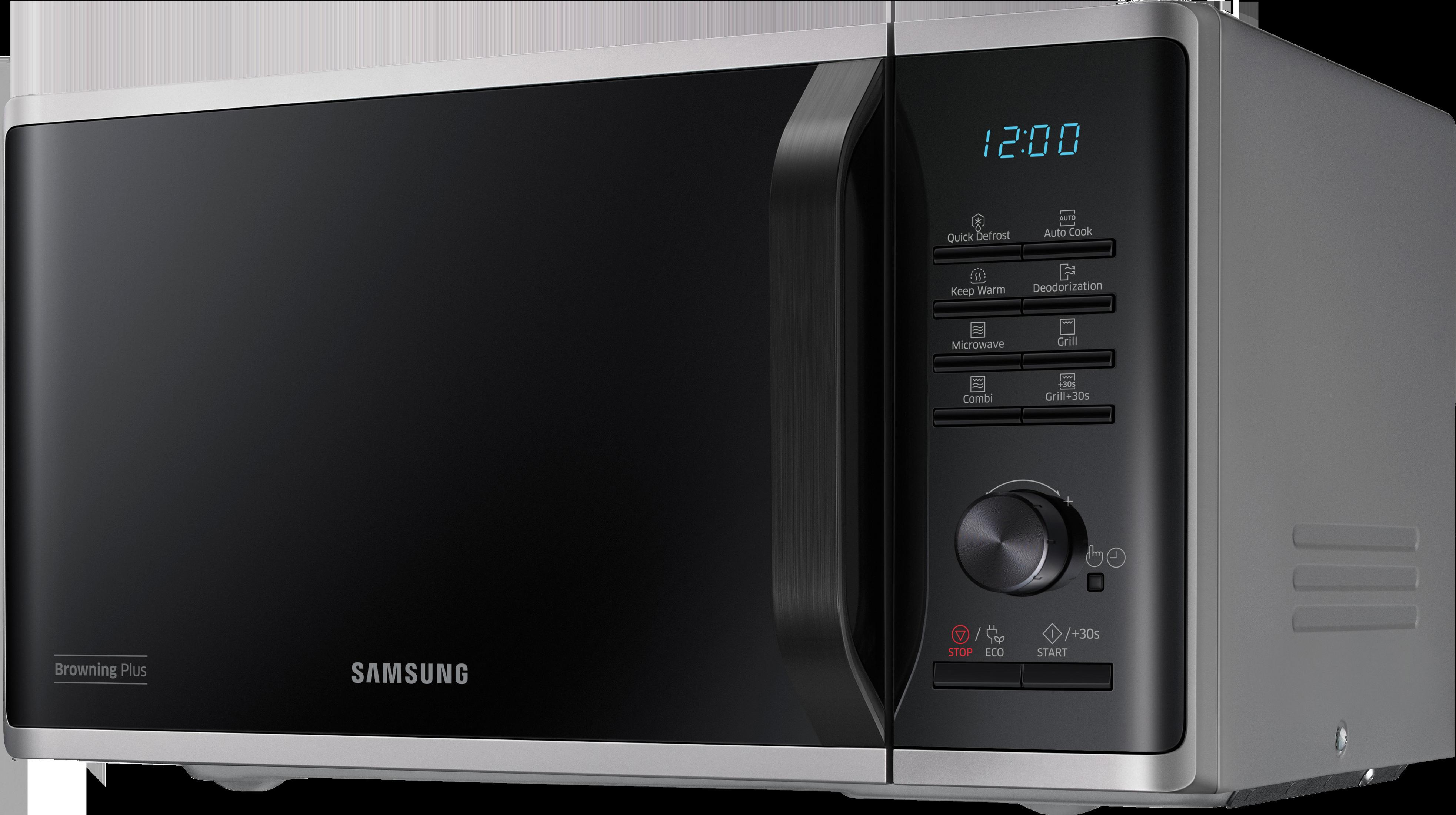 Czarna kuchenka mikrofalowa ze srebrnymi akcentami, panel sterowania z ekranem i przyciskami.